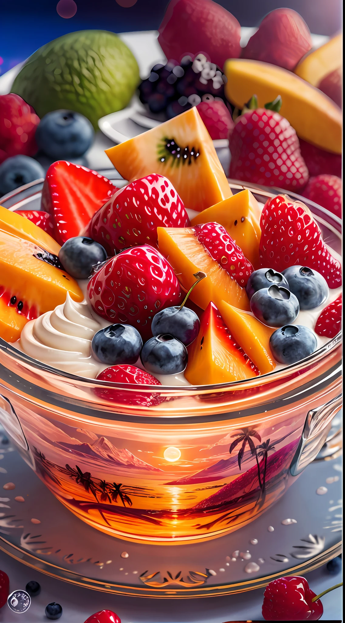 landscape: Sea, mountains, Palm trees, Beach, Magnificent sunrise, rainbow, Colorful, Faceted glass, crystal, mother-of-pearl shimmers, Multicolored, Different, Berry yogurt, CocktailWorld, scenery, landscape, Street, Depth of field , ((blurred background)), Masterpiece, Best Quality, ultra detail, (((Multi-layered jelly))) glass, stained glass windows, tmasterpiece, Top Quality, Experience, Chic, a gold, utensil, kettle, a cup, plate, Ice crystals, with floral print,1 cup milk yogurt) 1 teaspoon vanilla extract of your choice, Chopped fresh fruits (For example, strawberries, kiwi, mango, blackberry, raspberry, cherry, carambola, blueberries, etc.) Marengo, Epoxy