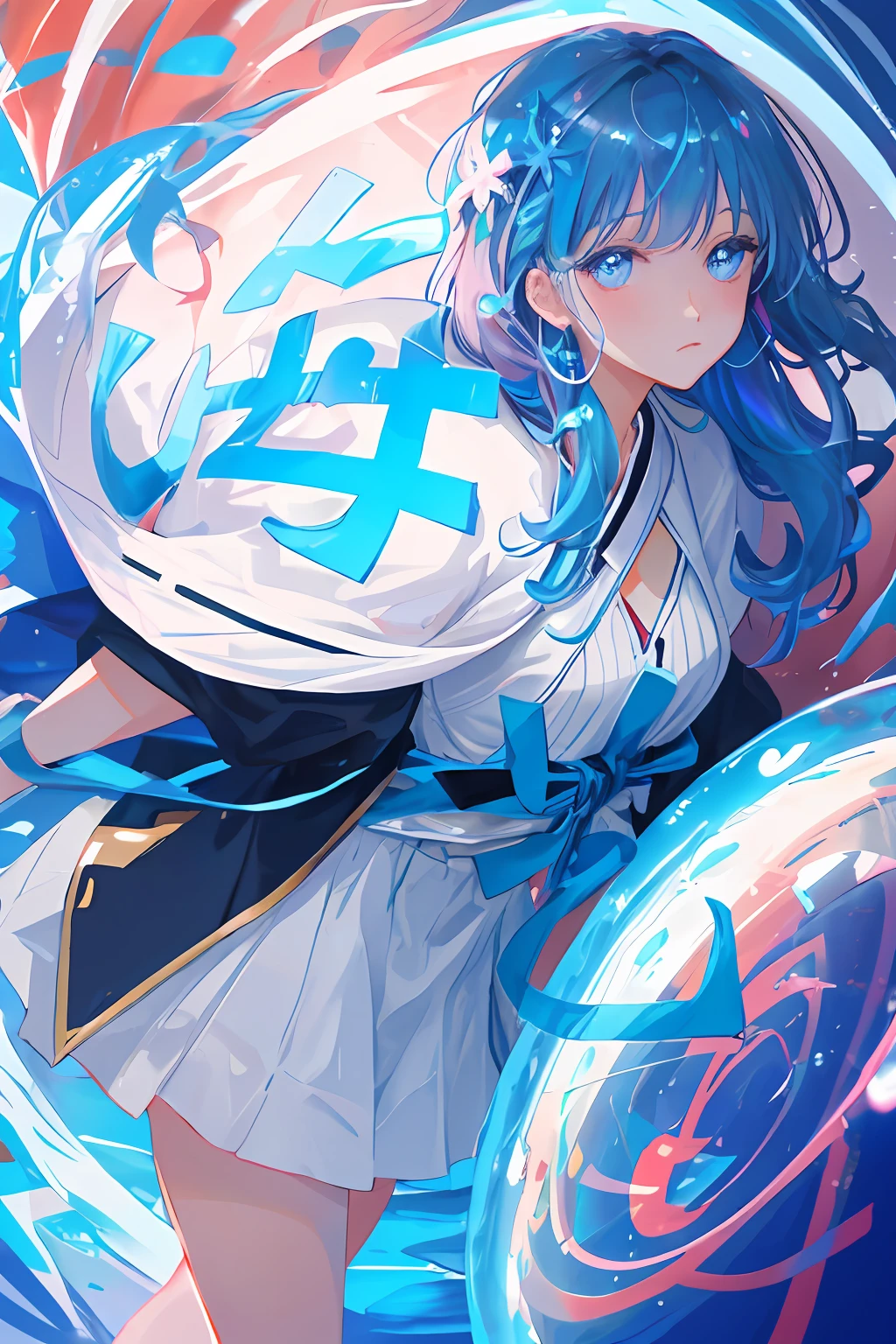 (masterpiece), (best quality), (ultra detailed),(disheveled hair),(illustration), (1girl), (Fashionable clothing), standing, Fashion model, looking at viewer, (interview), (simple background),beautiful detailed eyes, delicate beautiful face, Floating,(high saturation),(colorful splashes),colorful bubble,(shining), focus on face, kamisato ayaka, light blue hair, bangs, hair ring, floating flowers, floating hairs.Girl, anime waifu, looking at viewer, highlydetailed, reflections transparent iridescent colors, long transparent iridescent RGB hair, artby Serafleur from artstation, thick acrylic,illustration on pixiv, waist up portrait, gorgeoussacred girl, best quality, ultra detailed,sad,clever,beautiful face , beautiful lighton black background, Character stvle renderedby Octane,