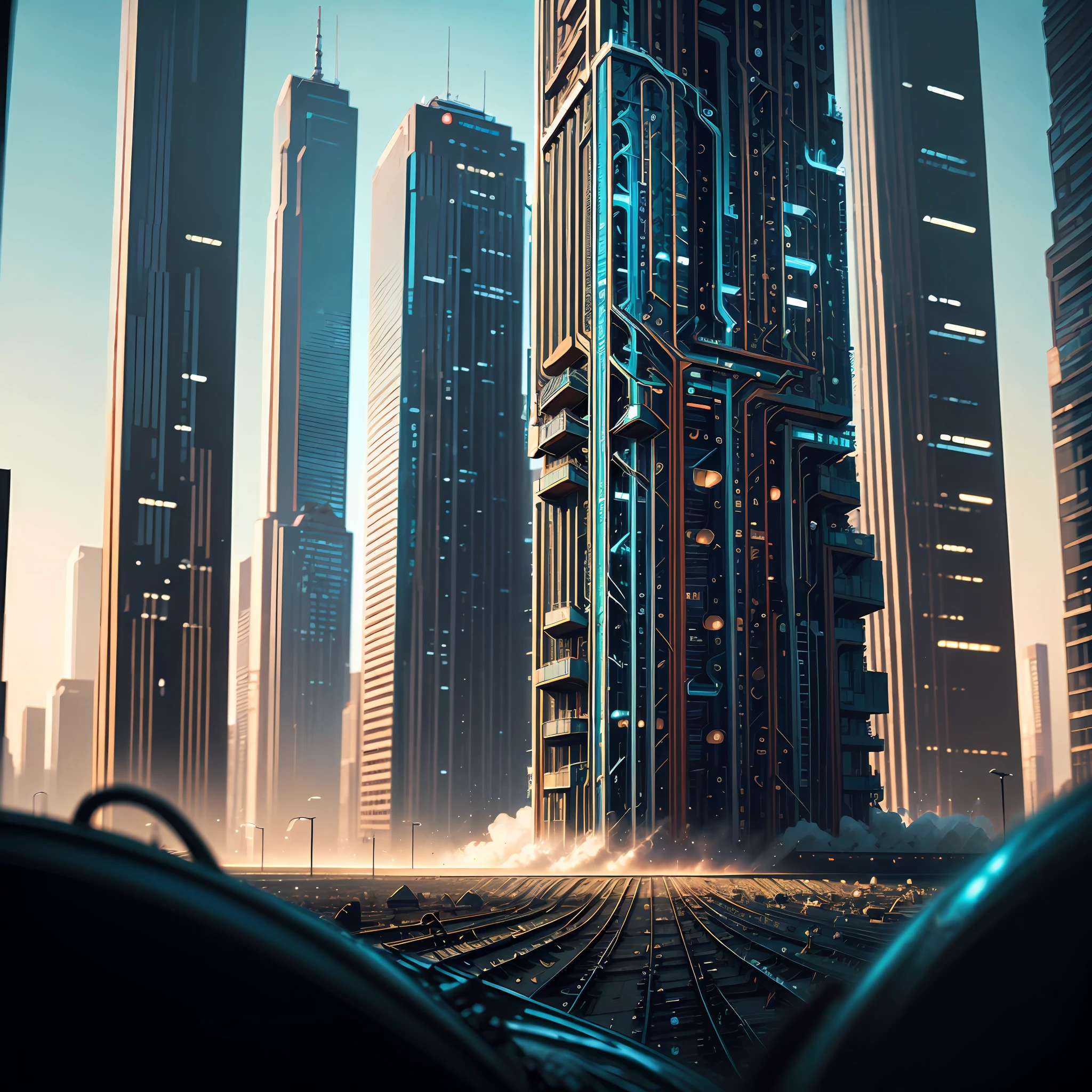 Sunnyday,City view background,Clear details of metal steel high-rise buildings and utility poles,Add automotive elements to blend into the HDR effect,Further show the ultimate shock of the city,Add intricate details,Make the picture full of tension and wonderful texture,Surrealist 3D rendering techniques make the whole look even more exciting,If needed,Cinematic effects can be added moderately to create a stronger sense of atmosphere。 --auto