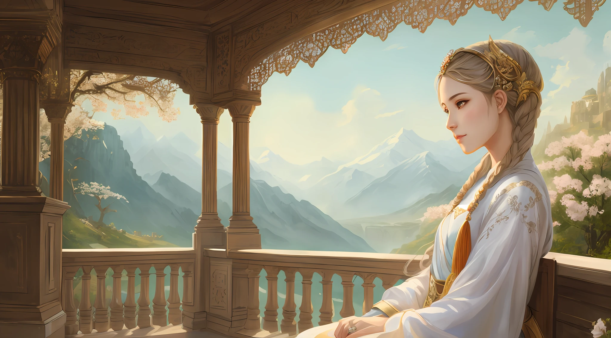 Painting a woman sitting on a balcony looking at the mountains, Realistic fantasy illustration, 4K fantasy art, inspired by Magali Villeneuve, Beautiful character painting, Palace ， A girl in Hanfu, Beautiful art UHD 4 K, Epic fantasy art portrait, beautiful fantasy art portrait, elegant cinematic fantasy art, fantasy art portrait, Fantasy genre portrait 2560*1600