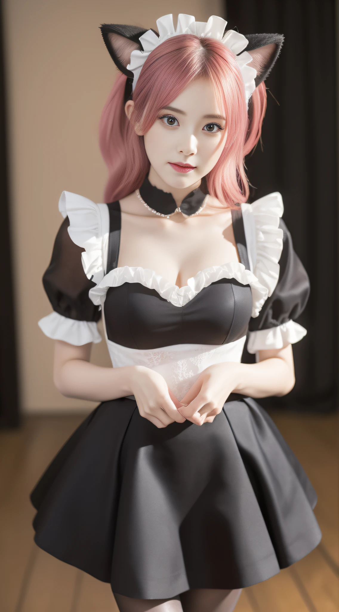 (true to life,Photorealistic 1.5),((best qualtiy, 8K, tmasterpiece:1.3)), (二重まぶた,largeeyes:1.3),(The expression is pitiful 1.5),(Full body photo 1.5)(Aggrieved expression 1.5)Clear focus 1.2, Perfect body beauty:1.4 , Delicate skin1.1,(Pink hair 1.2),(Delicate facial features1.4),(Pure desire 1.3)( Lori 1.5)(JK skirt 1.2)black lence stockings,Maid dress-up,Cat ears in the middle of the stage