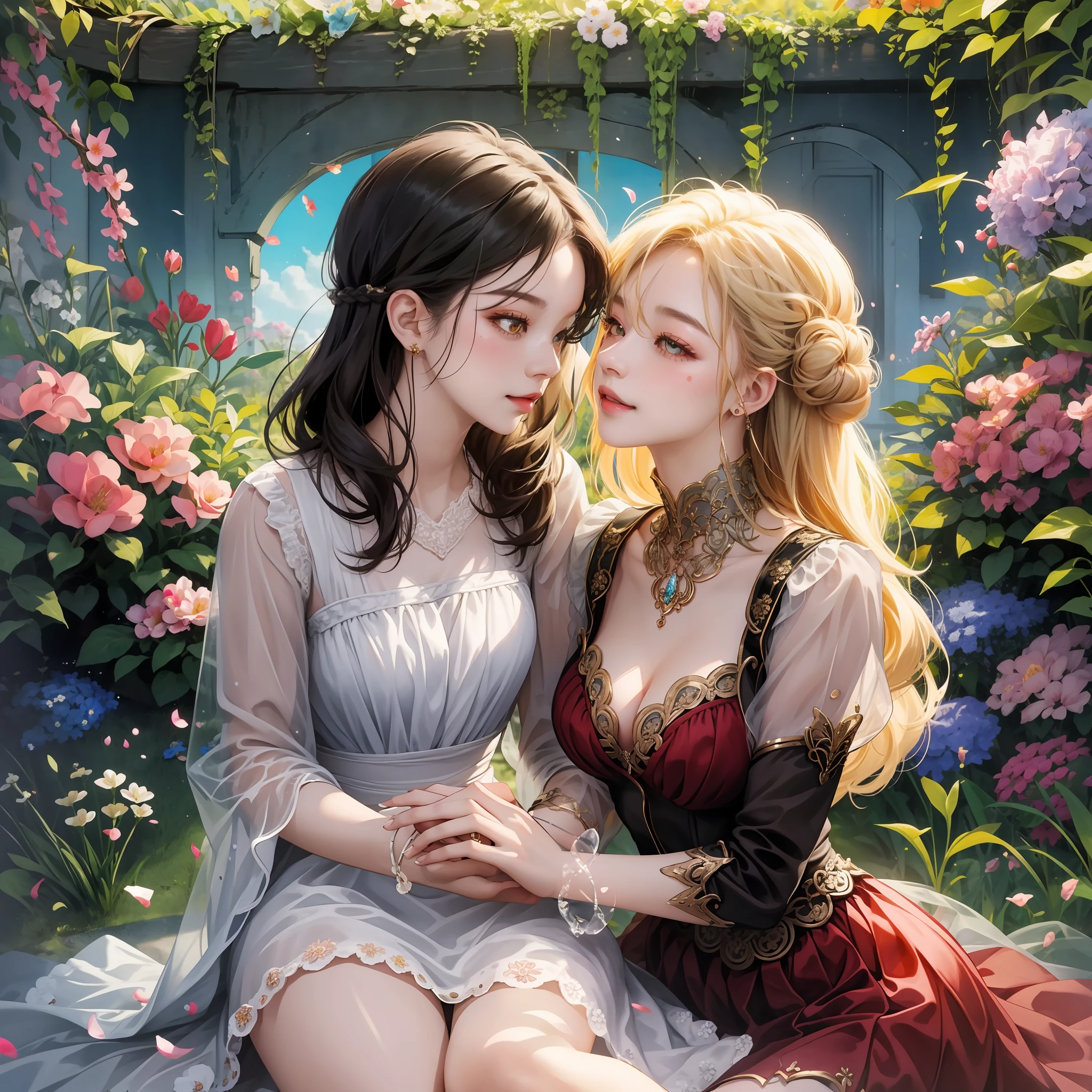 Best quality，tmasterpiece，A high resolution，CG， 1girll，long whitr hair，shift dresses，独奏，jewely，耳Nipple Ring，hair adornments，spatter，The upper part of the body，hair-bun， illuminating，Frankness，4k，8k，long whitr hair, ahoge, 鎖骨,  Long sleeves, hair adornments，choker necklace，jewely，long whitr hair，耳Nipple Ring，frilled sleeves，ssmile，realisticlying，trpical garden，starrysky，afloat