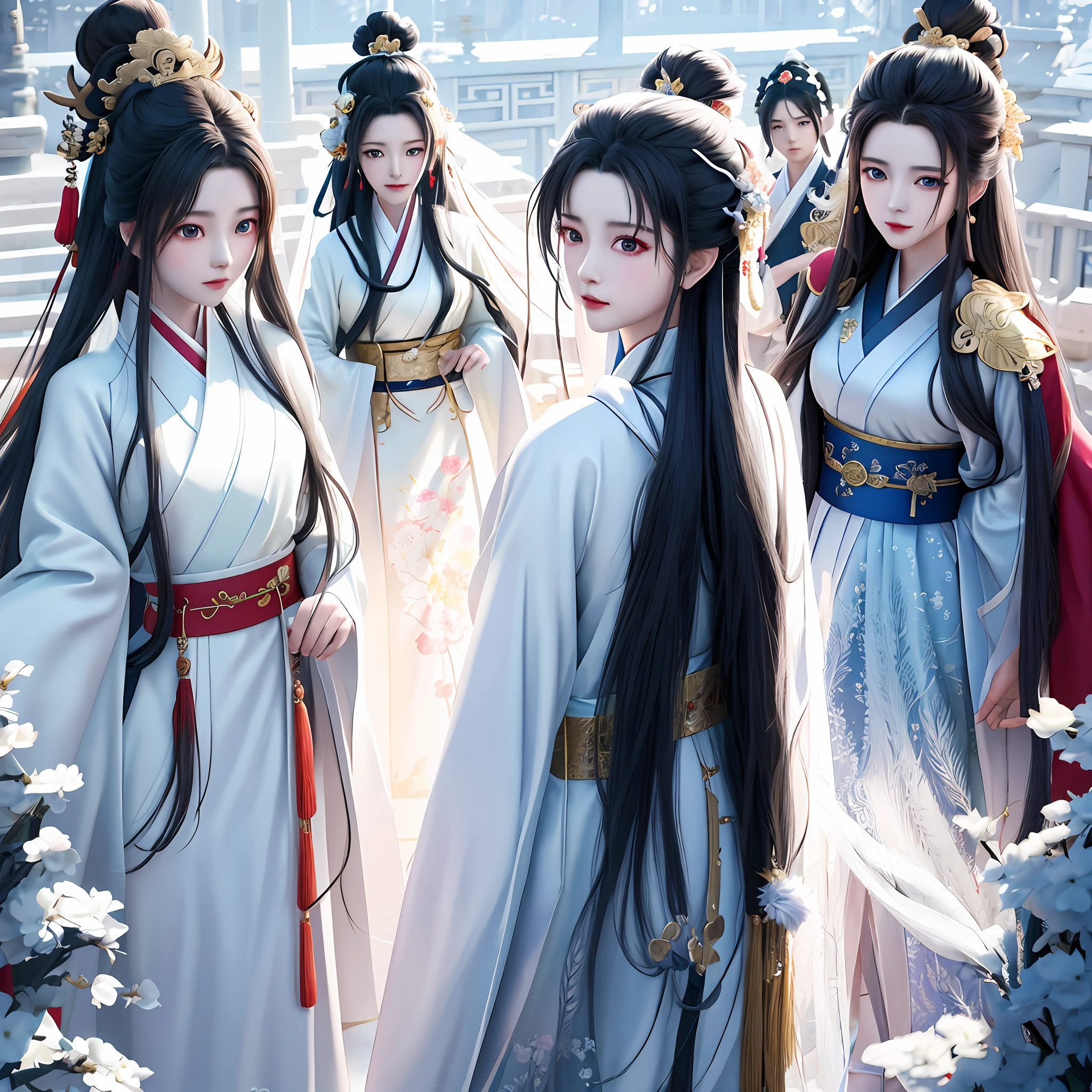 Anime characters standing in a row in traditional Chinese costumes, flowing hair and long robes, Flowing white robe, Guviz-style artwork, by Yang J, Palace , A girl in Hanfu, Guviz, full-body wuxia, Beautiful character painting, author:Qu Leilei, xianxia fantasy, Guweiz in Pixiv ArtStation