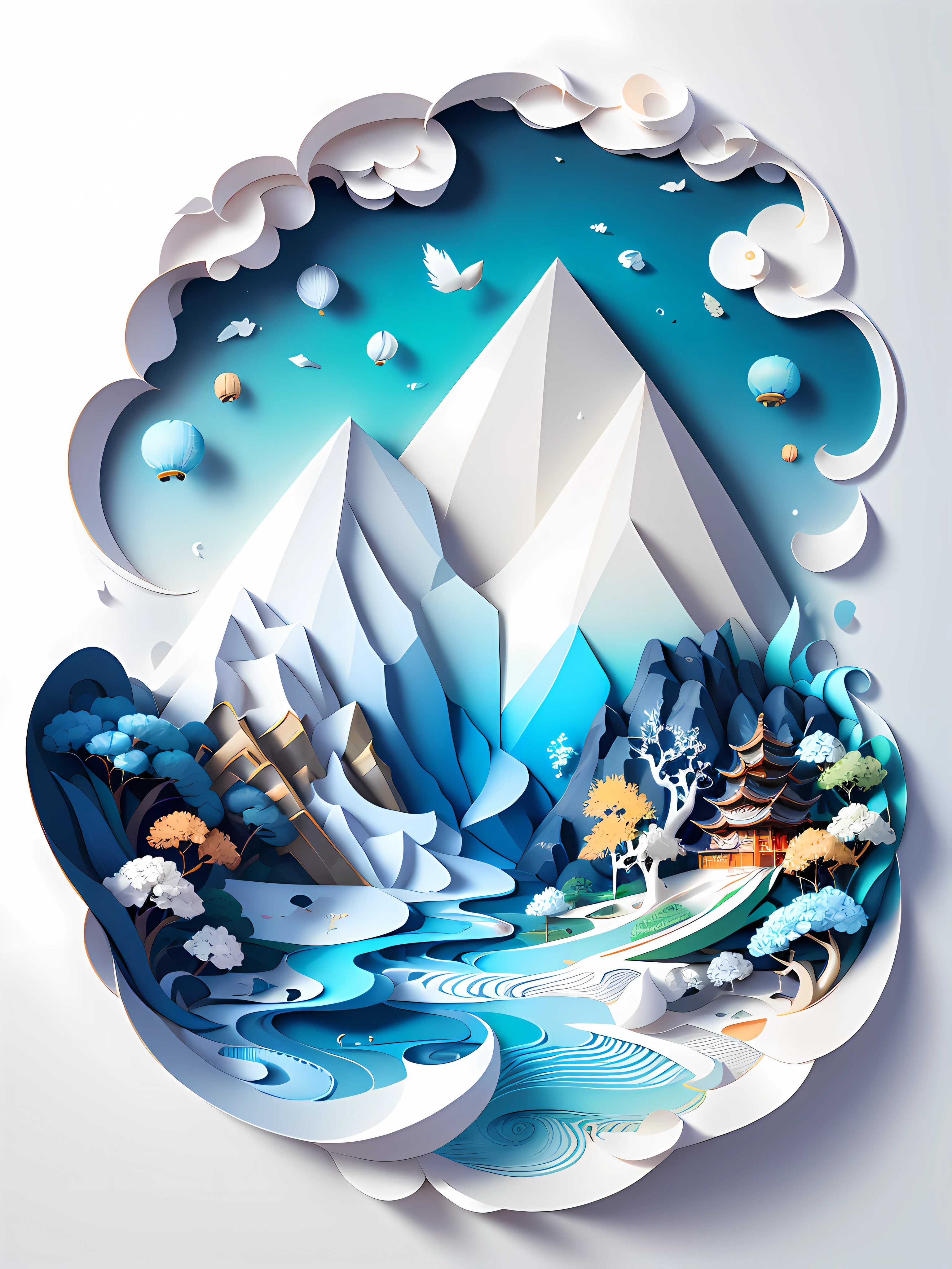 Traditional Chinese landscape painting, paper creation, 3D stereoscopic rendering, color gradient from white to light blue, 4K resolution, simple and natural composition, :white background, fresh and vulgar style. (:nature:)