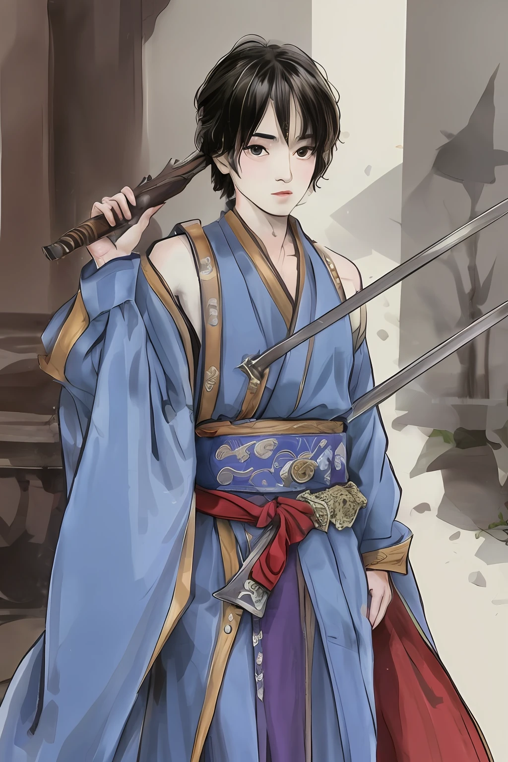 The male Yuanguan holds a sword and ancient style robe, handsome