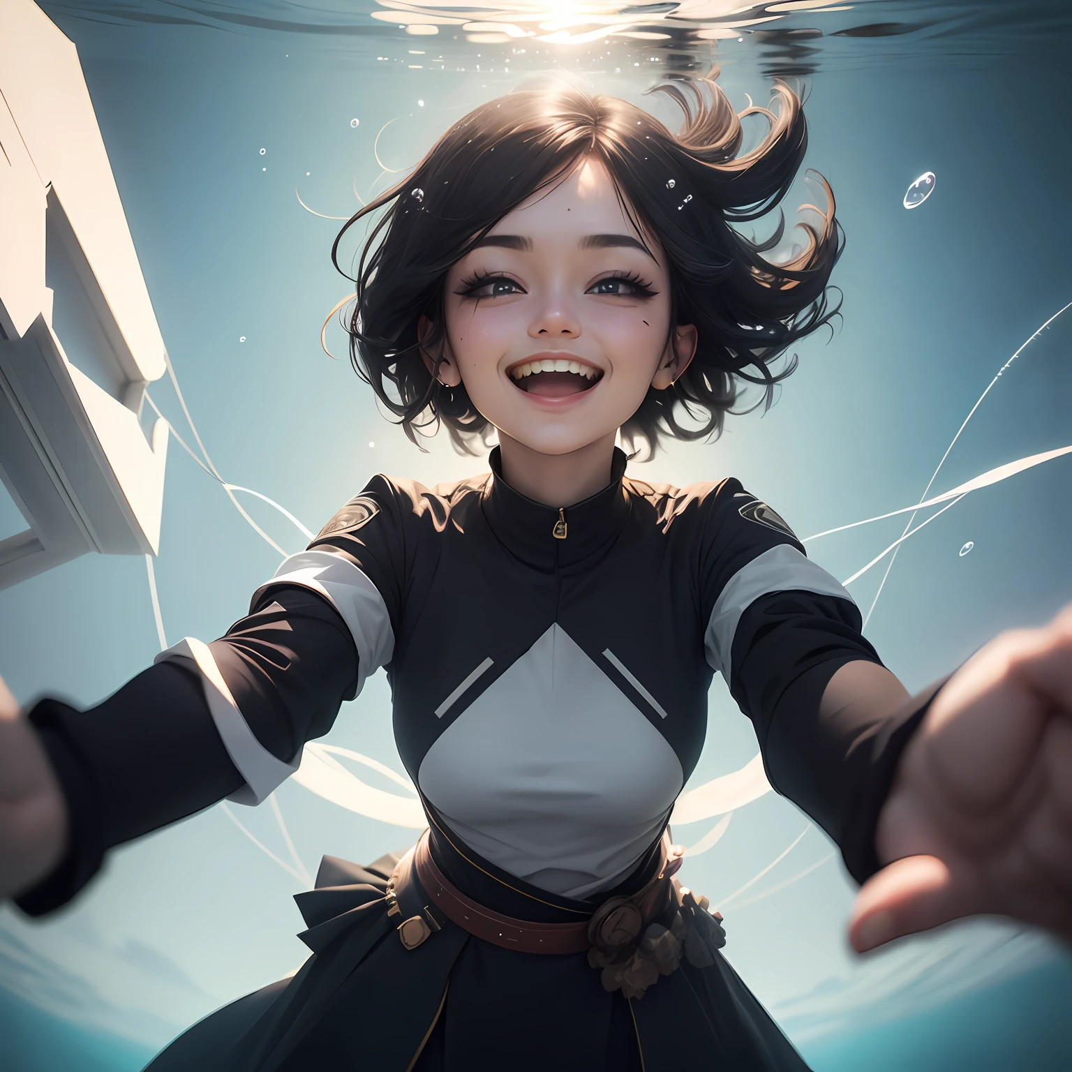black hair, hair bobbles, longeyelashes, light smile, fang, short hair, ancient wind, excited, drop shadow, atmospheric perspective, Suprematism, partially underwater shot, from below, lens flare, 8k, super detail, ccurate, best quality, 8k, super detail