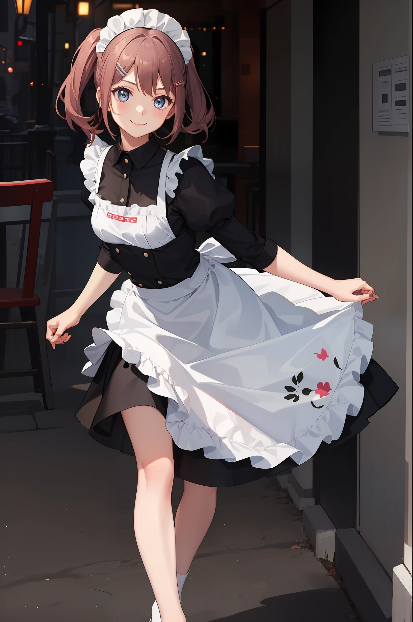 1 girl, smiling, skirt, (small) chillerism, dress, apron,,,,,,、 maid,,,,,,,,、 hair ornament, running briskly,