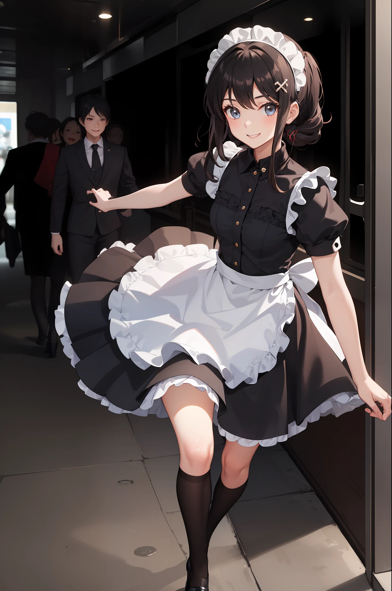 1 girl, smiling, skirt, (small) chillerism, dress, apron,,,,,,、 maid,,,,,,,,、 hair ornament, running briskly,