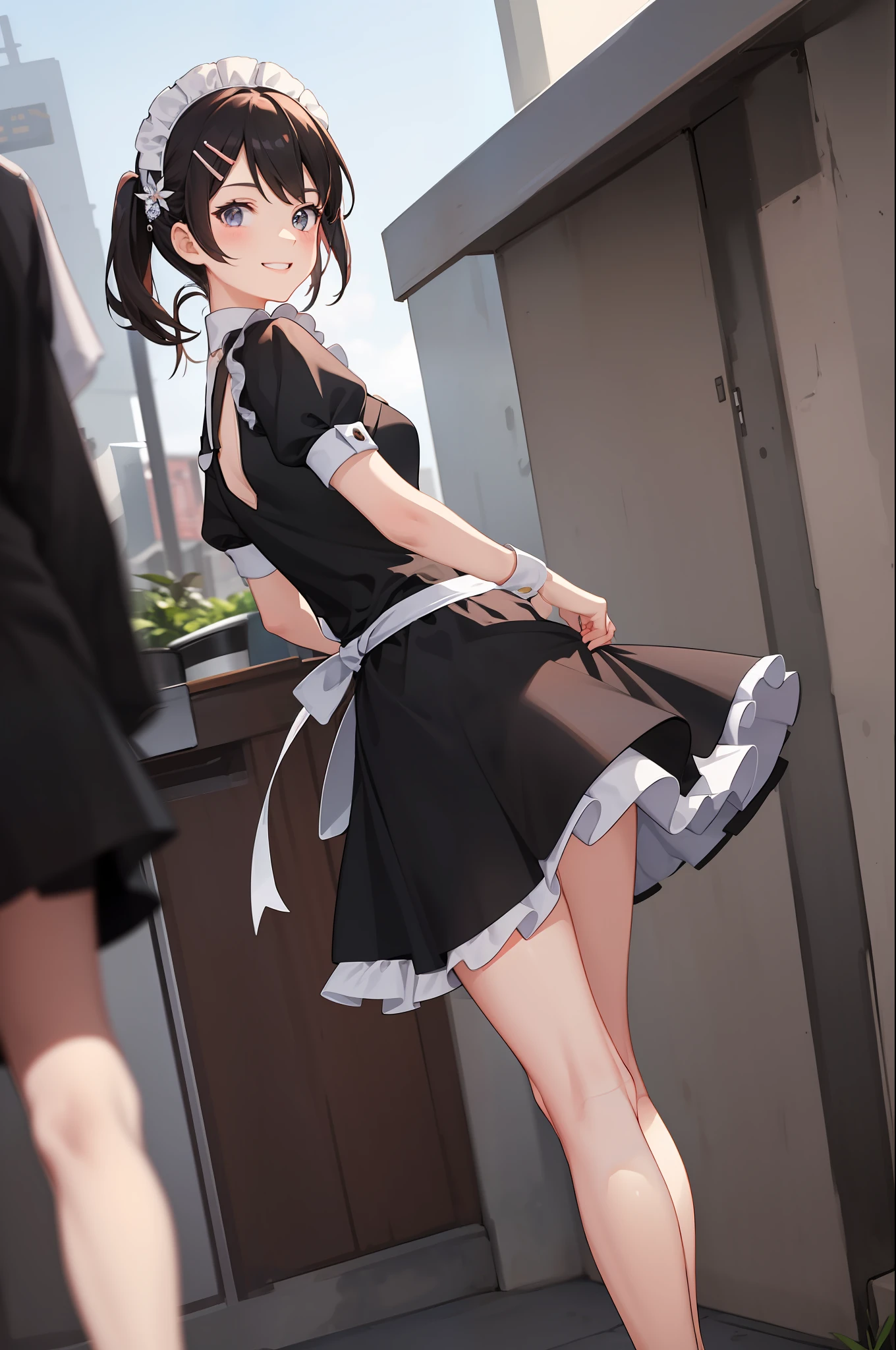 1 girl, smiling, skirt, (small) chillerism, dress, apron,,,,,,、 maid,,,,,,,,、 hair ornament, running briskly,