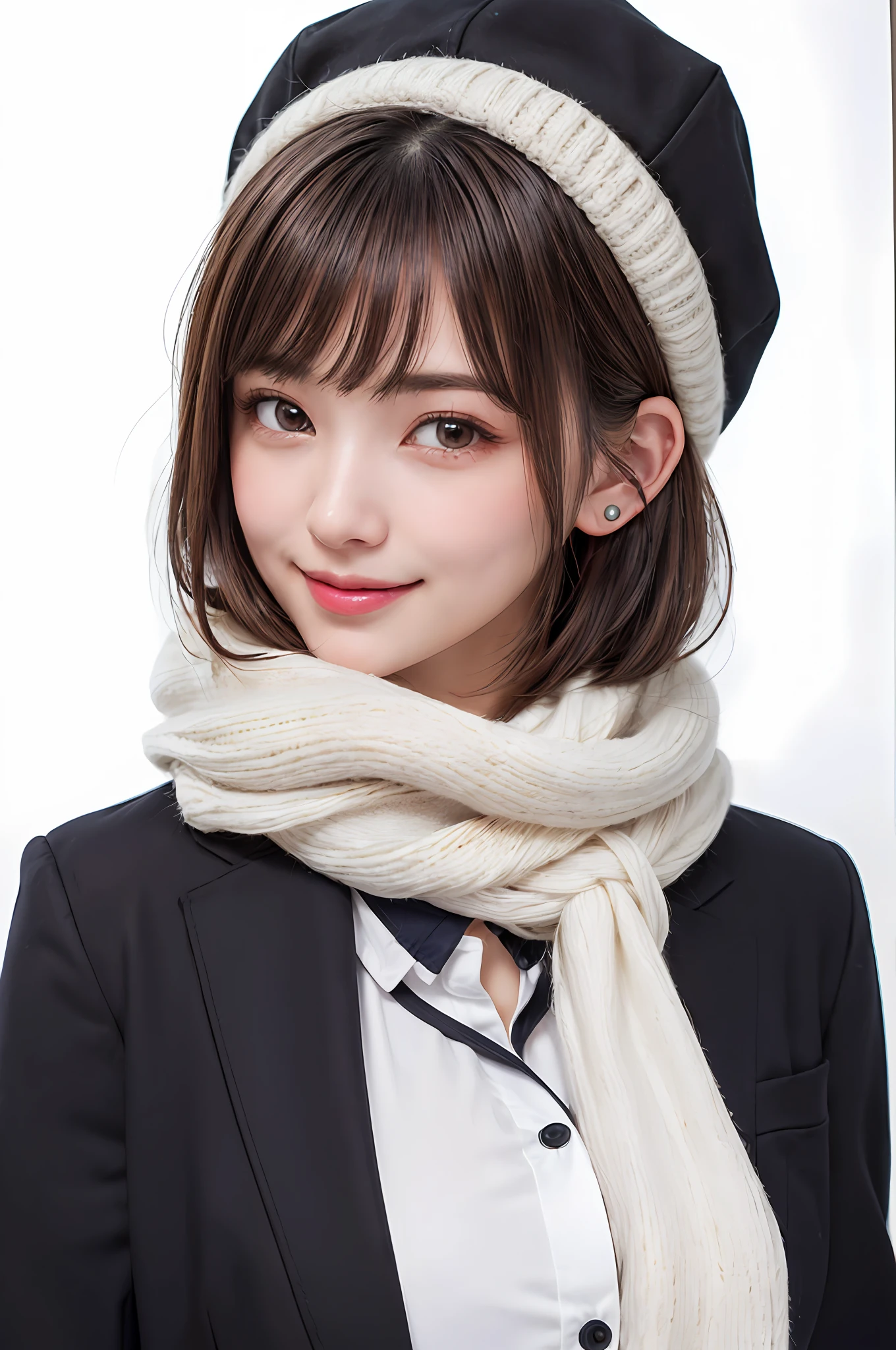 (masterpiece, best quality),1 girl, solo, black hair, scarf, hat, real, real, look at viewer, light colored black eyes, short hair, brown coat, winter clothes, white scarf, lips, bangs, outdoors, closed mouth, upper body, big eyes, eyelashes, (((really nothing background, really pure white background)), (short hair with bangs, big eyes, big breasts, staring at the viewer, beautiful beauty, Ears out, long neck, smile a little, close your mouth and smile))),