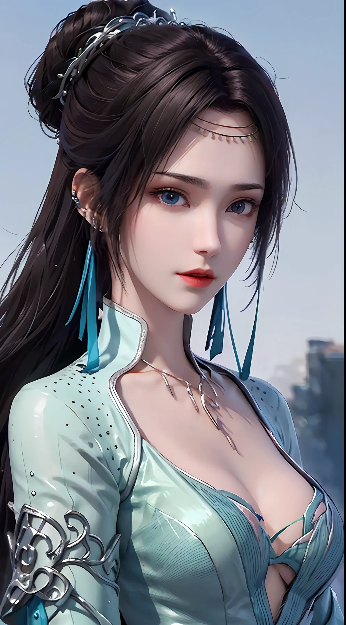 1 charming beautiful girl in hanfu blue silk blouse, white patterned blue silk blouse, white lace trim, purple black long ponytail, hair jewelry, ear jewelry, ring neck and necklace, big blue eyes with meticulous makeup, thin eyebrows, extremely detailed and sharp eye makeup, high nose, pretty red lips, no smile, pursed lips, rosy cheeks, enlarged breasts, breasts huge, well-proportioned bust, slim waist, green mesh socks, loose sleeves, chinese hanfu style, art fiction textures, vivid and realistic colors, RAW photos, realistic photos, 8k quality surreal photos super high, (great lighting effect) awesome: 1.8), 10x pixels, magic effect (background): 1.8), super detailed eyes, girl upper body, girl portrait, girl one himself, hanfu historical background,