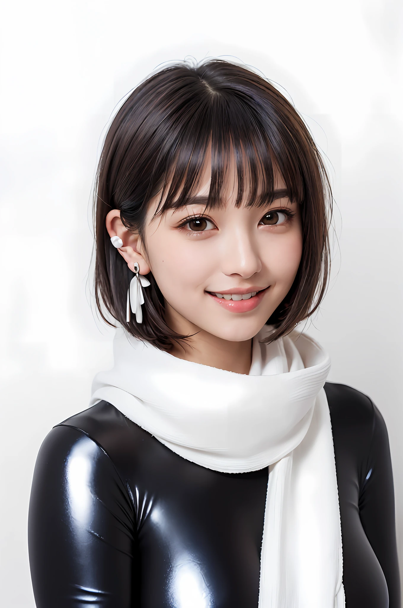 (masterpiece, best quality),1 girl, solo, black hair, scarf, hat, real, real, look at viewer, black eyes, short hair, coat, winter clothes, white scarf, lips, bangs, outdoors, closed mouth, upper body, big eyes, eyelashes ((really nothing background, really pure white background)), ((short hair with bangs, staring at the viewer, cute beauty, beautiful beauty, ears out, long neck, Happy smile, smile with mouth closed))), masterpiece, highest quality, ultra high resolution, (photorealistic photo: 1.4), ((1 girl, white fair skin: 1.4, kneeling, from above, looking up at the viewer, face close-up, 19 years old, pretty, cute, black hair, bob_cut, short hair with bangs, big breasts: 1.6)) (bikini swimsuit: 1.3, simple blue and white two-tone swimsuit, Glossy shiny shiny swimsuit, shiny swimsuit with reflective surfaces, dripping wet body: 1.2) (portrait of a famous actress of Japan), (smile, happy, joyful, cheerful, close mouth), (breasts tucked between arms with breasts), high detailed eyes, ((((really pure white background, nothing background)))), long neck, (short hair with bangs)))), eyelashes, big eyes, (((very beautiful, very beautiful) ), (((natural light, put out your ears)))