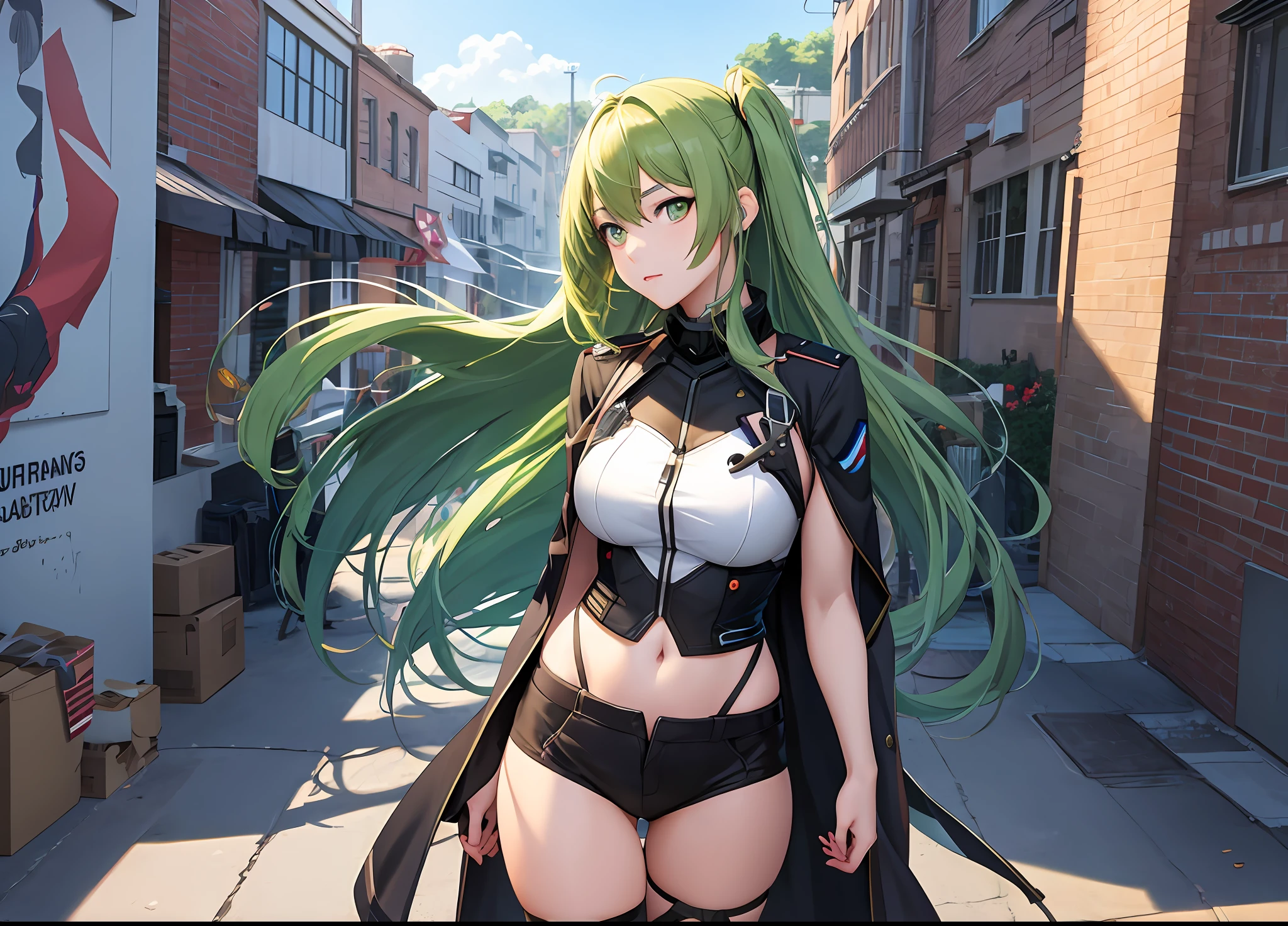 Anime girl with long hair and green eyes standing in front of the building, Smooth anime CG art, from girls frontline, Fine details. Girl Front, anime visual of a cute girl, Guviz, Girls Frontline CG, Kantai collection style, Guviz-style artwork, photorealistic anime girl rendering, seductive anime girls, girls frontline style