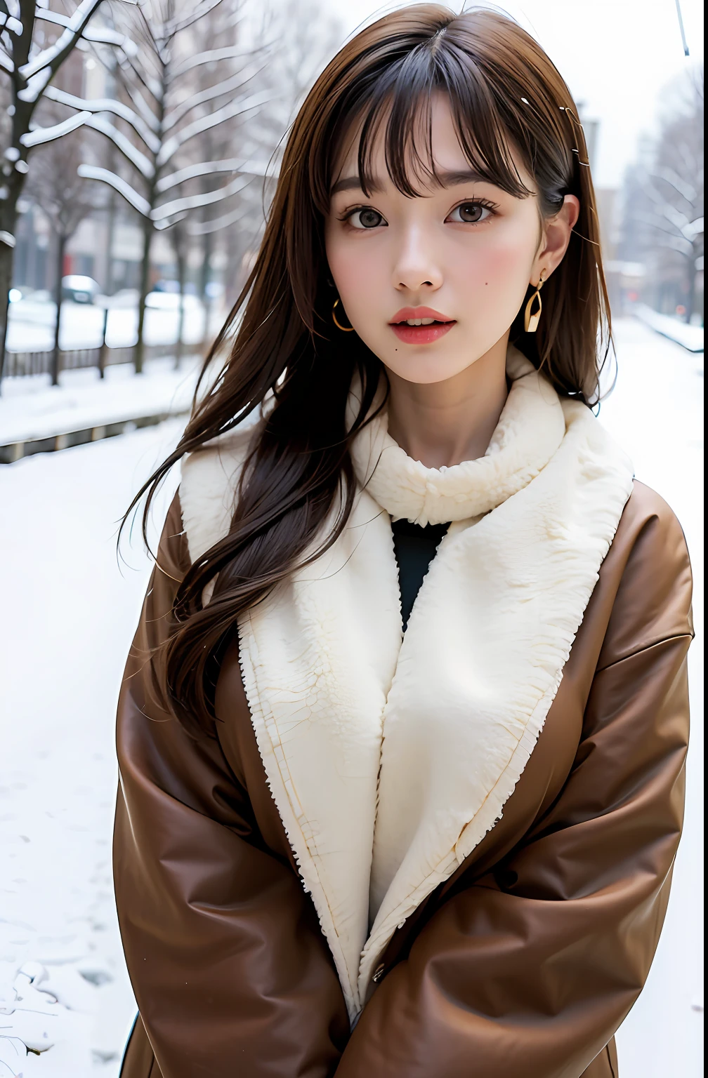 1 girl, bare_tree, brown_eyes, brown_hair, building, coat, cross_earrings, earrings, fur, fur trimmed_coat, fur_collar, fur_scarf, fur_trim, jewelry, lips, shorthair, looking_at_viewer, outdoors, snow, snow, solo, tree, upper_body, Winter, winter_clothes, detailed_eyes,Big breasts, chest close with arms, face facing camera, big, ears out, golden ratio face, golden ratio body, top quality, ultra high definition, bangs, thick bangs