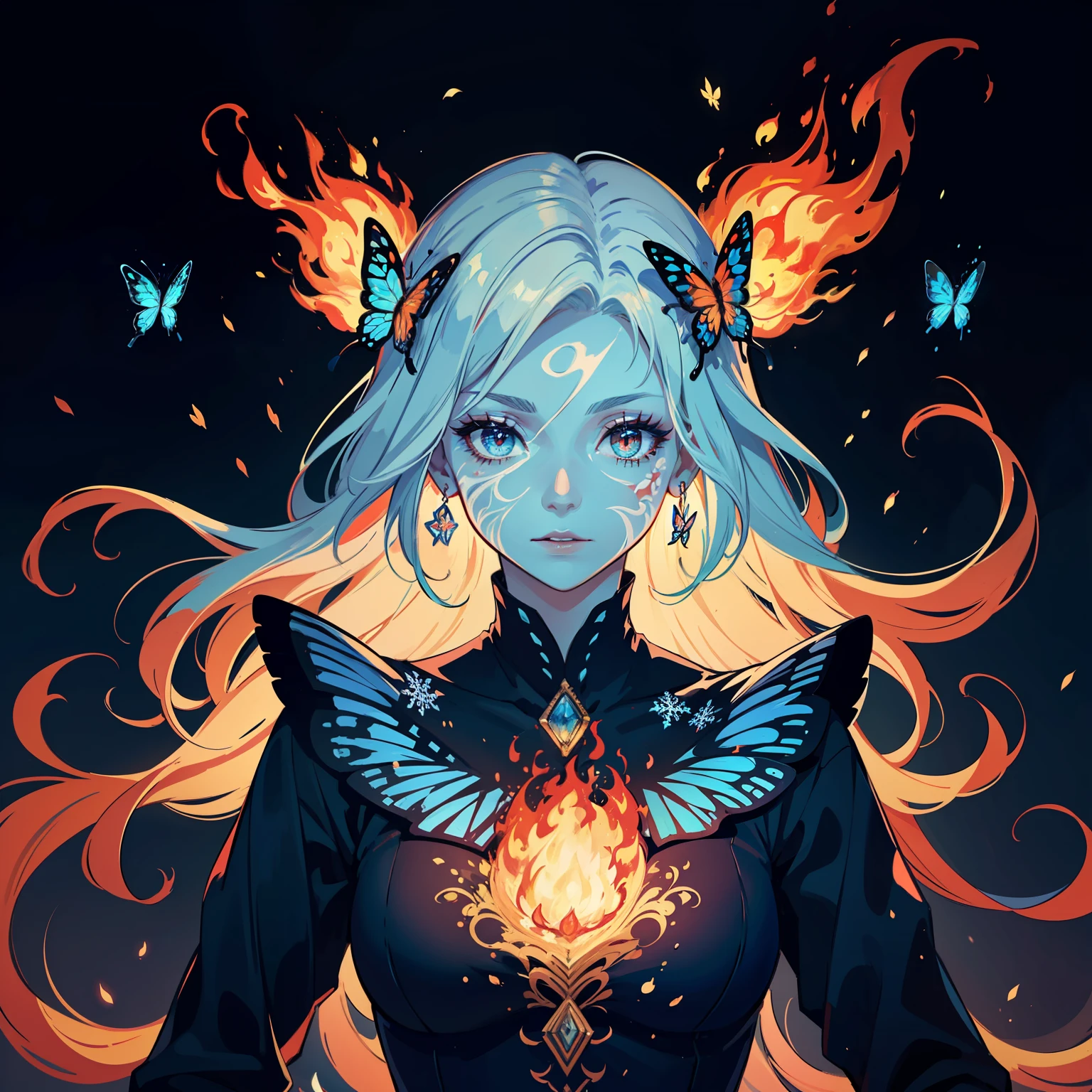 masterpiece, best quality,(symmetry:1.1),1girl,enchanter,(solo,solo focus),Black and red and white and blue color scheme,magic,hair spread out,(Fire magic,Ice magic),(butterfly and Snowflakes and flames),fantasy,(abstract art),beautiful intricate filegrid facepaint, intricate, elegant, highly detailed, digital painting,