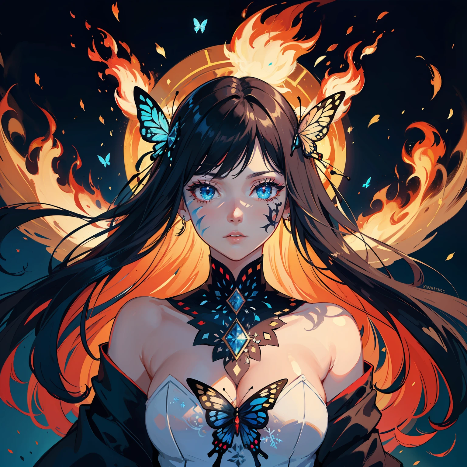 masterpiece, best quality,(symmetry:1.1),1girl,enchanter,(solo,solo focus),Black and red and white and blue color scheme,magic,hair spread out,(Fire magic,Ice magic),(butterfly and Snowflakes and flames),fantasy,(abstract art),beautiful intricate filegrid facepaint, intricate, elegant, highly detailed, digital painting,