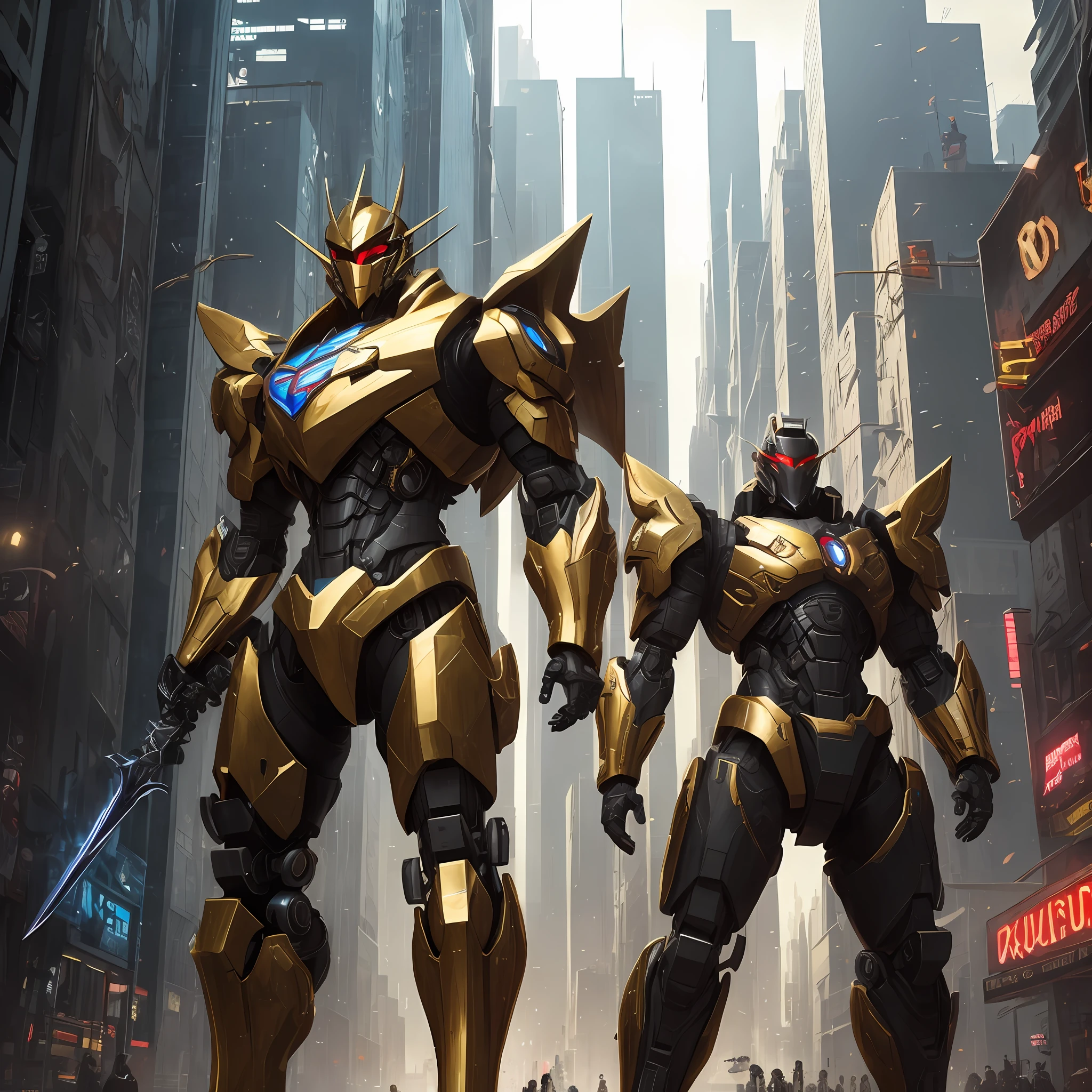 hyper-detailing,unreal-engine,Live-action mech,the golden ratio,Holding a dark gold sword,Look sideways at people,The face is angular,The hair is a bit messy,Super handsome,Background cyberpunk city,Cities and people are one to forty,Full body photo --auto
