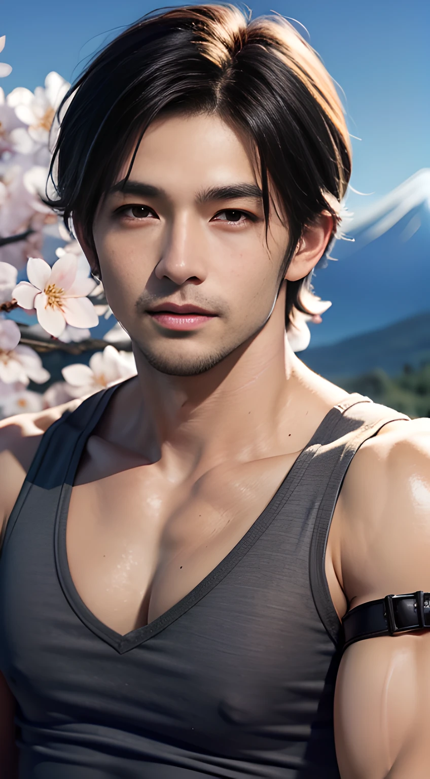 ((Men only)), (head shot), (handsome muscular man in his 30's), he resembles Chris Redfield from Resident Evil. Wearing a men's tank top, (Mt. Fuji in Japan), (a lot of cherry blossom, Snow in the background), Mischievous smile, (detaile: 1 in 1), Natural muscles, HIG quality, beautidful eyes, (Detailed face and eyes), (Face、: 1 / 2), Noise, Real Photographics、... ........................................................PSD, Sharp Focus, High resolution 8K, realisitic & Professional Photography, 8K UHD, Soft lighting, High quality, Film grain, FujifilmXT3