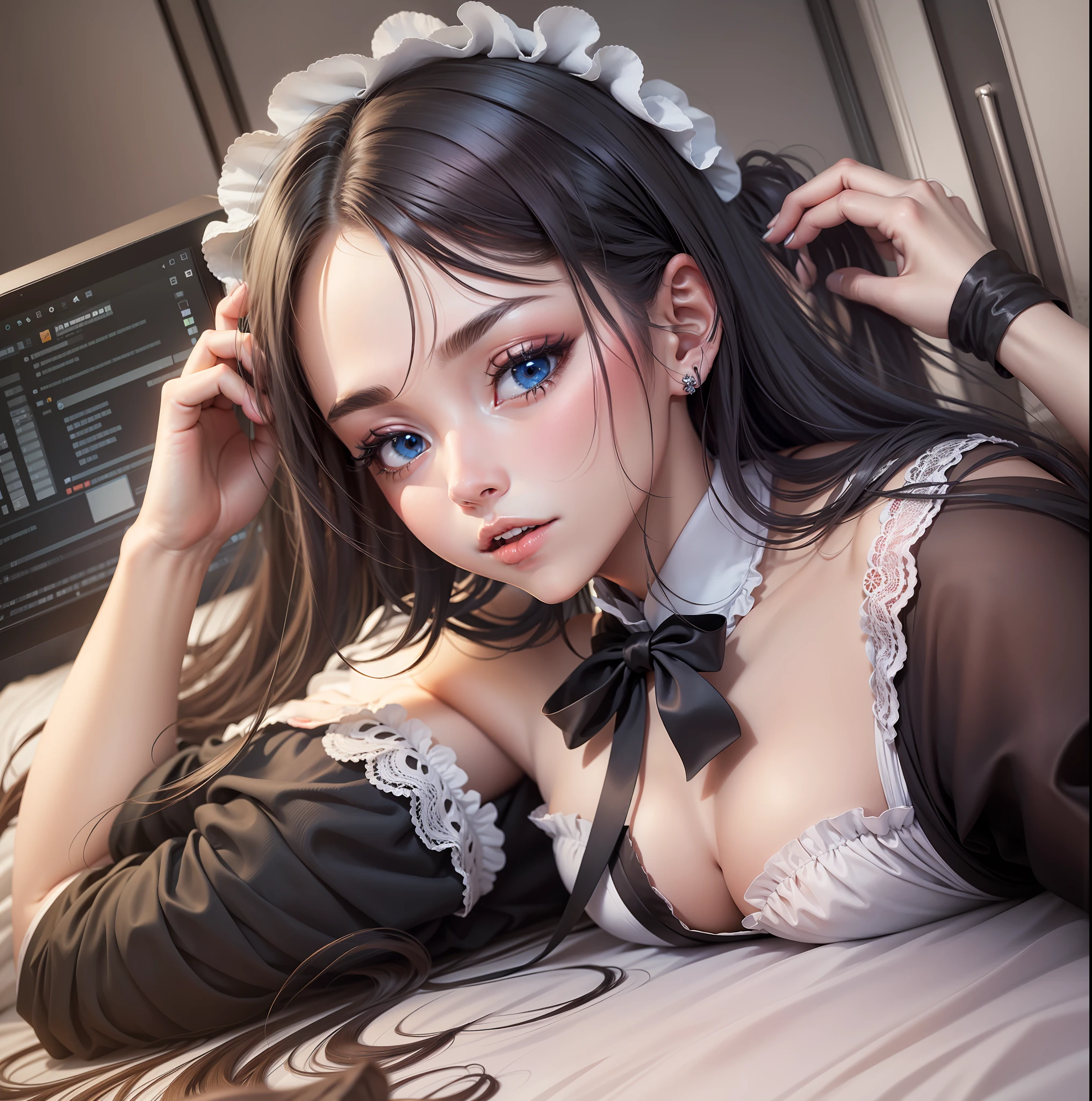 Anime Beautiful Girl,the maid outfit,black lence stockings,Lie down in bed,One hand palms up,Place in front of the forehead,Place one hand sideways,long white hair,eBlue eyes,cheeks slightly red,Pampering
