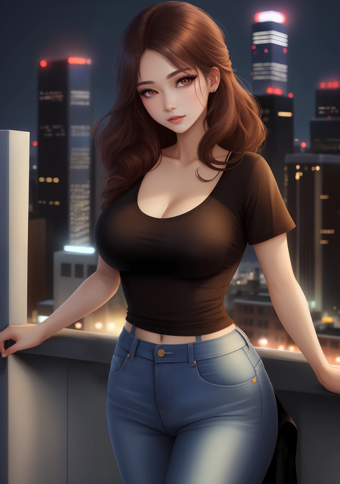 ((Midnight, Best quality, 8k, Masterpiece :1.3)), Whole body, Long legs, Sharp focus :1.2, A pretty woman with perfect figure :1.4, Slender abs :1.1, ((Dark brown hair, Big breasts :1.2)), (White tight tshirt, Jean bib, Standing:1.2), ((Night city view, Rooftop:1.3)), Highly detailed face and skin texture, Detailed eyes, Double eyelid