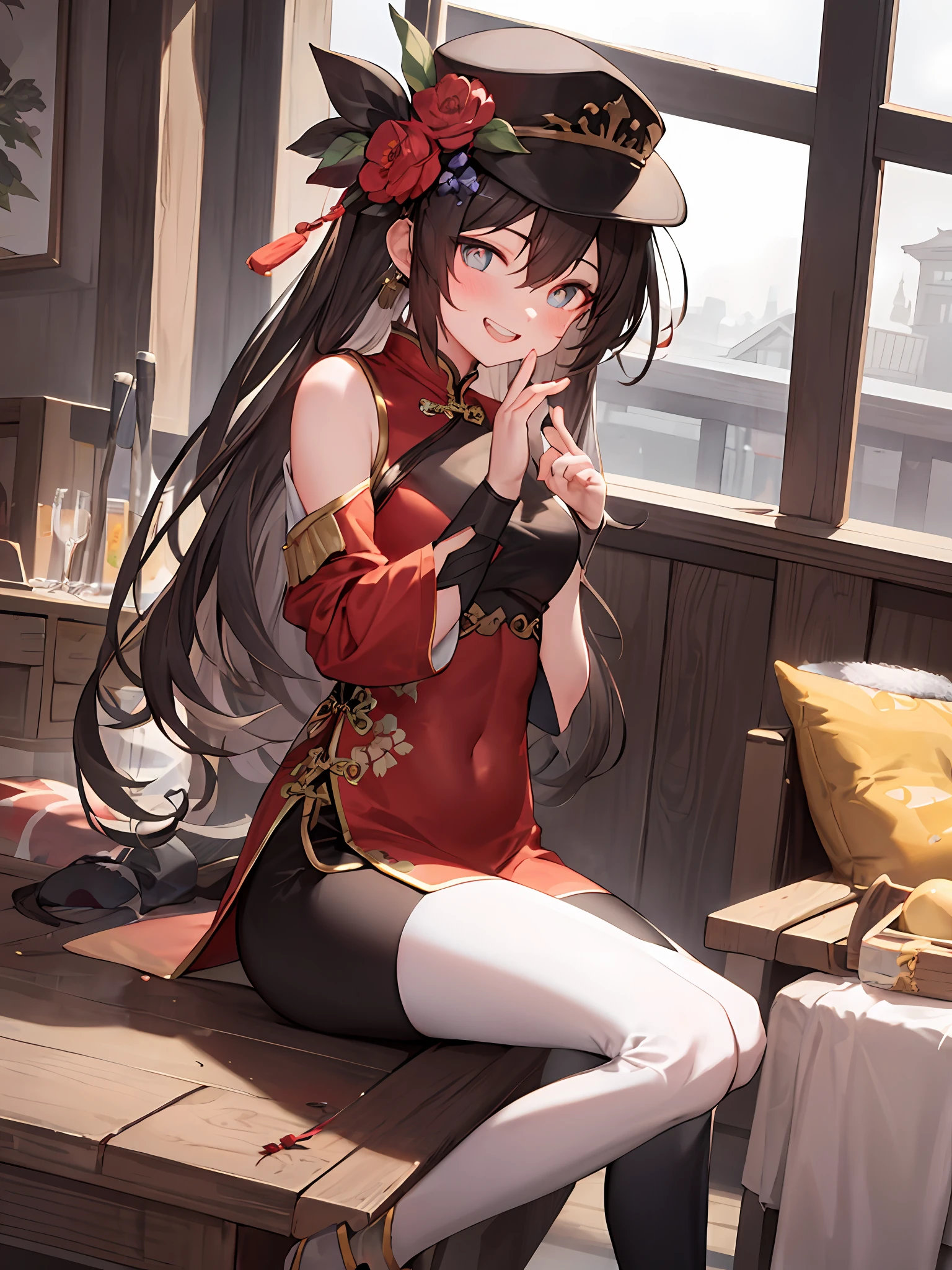 tmasterpiece，best qualityer，walnut，the original god，1girl，By bangs，Black tiara，Blushlush，brown  hair，Chinese outfit，florals，grinning smile，Hair between both eyes，Hats，hatflower，inner strength，long whitr hair，longer sleeves，looking at viewert,red flower,ssmile,独奏,star-shaped bule pupils,teeth,tightsuit，skinny pants