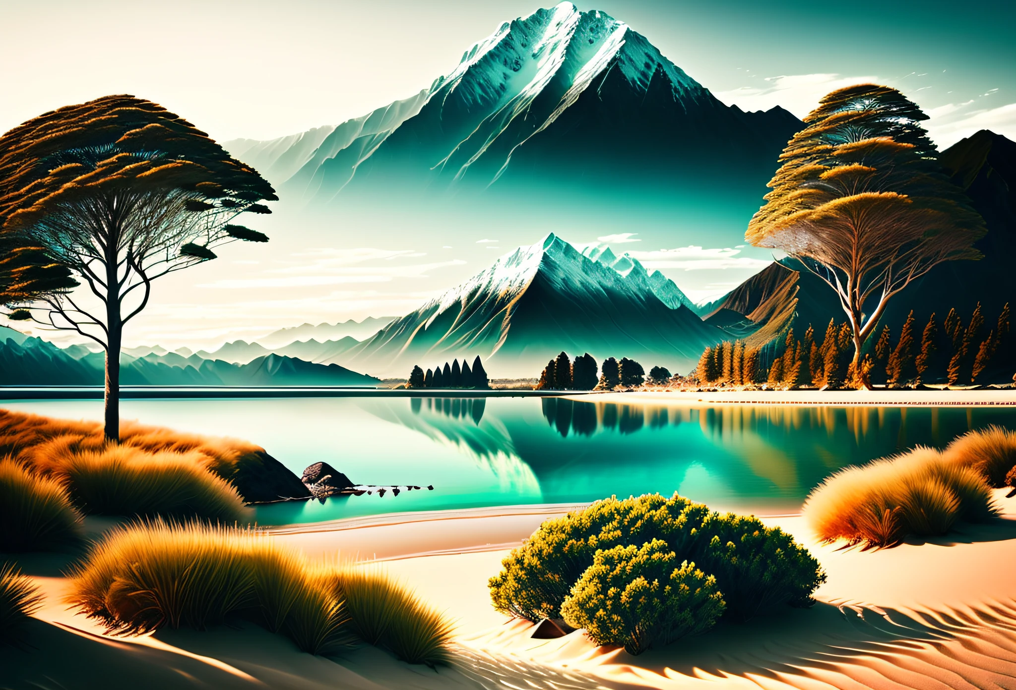 There is a large body of water，The background is mountains, new zealand landscape：1.2, lakeside mountains, kahikatea, Mountains and lakes, an amazing landscape image, breathtaking landscape, Amazing landscape, author：Andrew Guedes, Sand fog,extremely beautiful and ethereal, soft-sanded coastlines, award winning landscape photo, Stunning landscape, author：Alexander Robertson Alafeld architecture，（ The building is centered，Victorian architecture：1.6）, stunning grand architecture, imagem de qualidade alta, exquisitely ornate, Inspired by George Piri, highly ornate, Beautiful image, Inspired by James Ardern Grant, victoriana, inspired by Sydney Prior Hall, fine art piece，（The composition is minimalist：1.2）