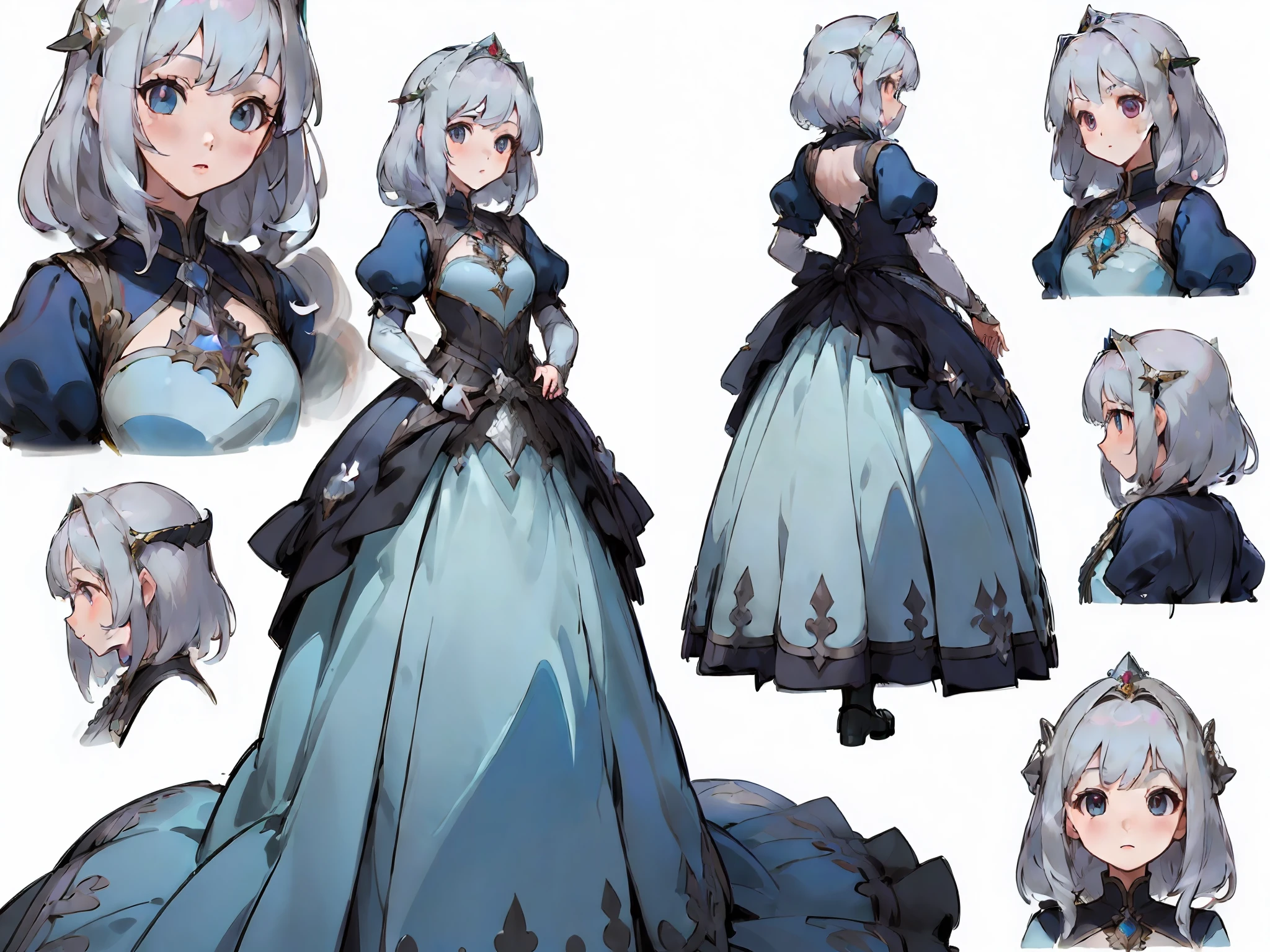 ((masterpiece)),(((best quality))),(character design sheet,same character,front,side,back),illustration,1 girl,silver hair,princess cut,hair on eyes,beautiful eyes,environment Scene change, pose too, gorgeous princess dress, magic, charturnbetalora, (simple background, white background: 1.3)