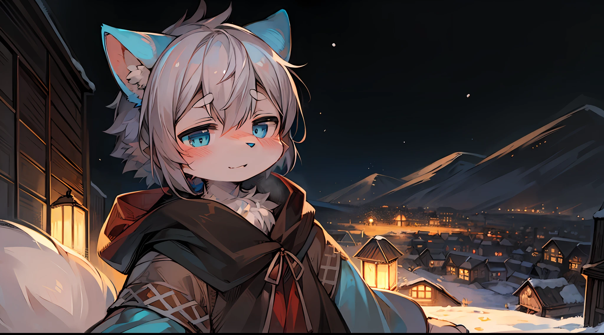 Masterpiece,High quality,abstract res,Digital painting\(artwork of a\), by Dagasi, Yupa,Kiyosan,(anthro,Fluffy fur,Character focus:1.1),anthro male cat,Short hair,Portrait,Shy, eyes with brightness, in a panoramic view, Character focus.(detailedbackground:0.7), 独奏, shaggy, shaggy male, malefocus, anthr,(Full Body Furry, Fluffy tail, light blue furs, Dark blue eyes, Gray hair:1.2), (long canines、cloaks:1.2),(the night、snow field、Skysky、starrysky:1.1)
