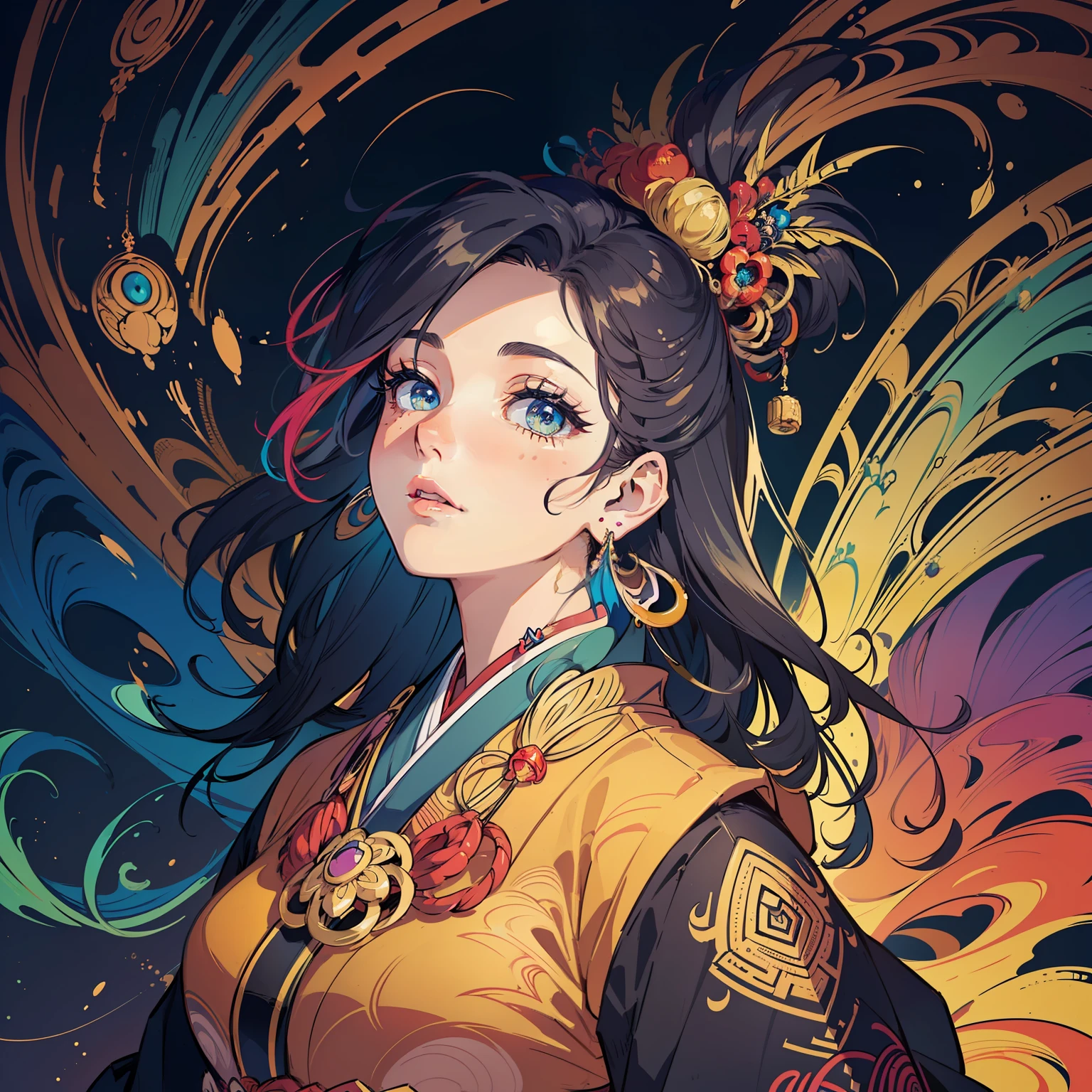 (masterpiece, top quality, best quality, official art, beautiful and aesthetic:1.2), (1girl:1.3), extremely detailed,(fractal art:1.1),(colorful:1.1),highest detailed,(zentangle:1.2), (dynamic pose), (abstract background:1.5), (japanese dress:1.2), (shiny skin), (many colors:1.4), ,(earrings:1.4),Clear facial features,Beautiful eyes