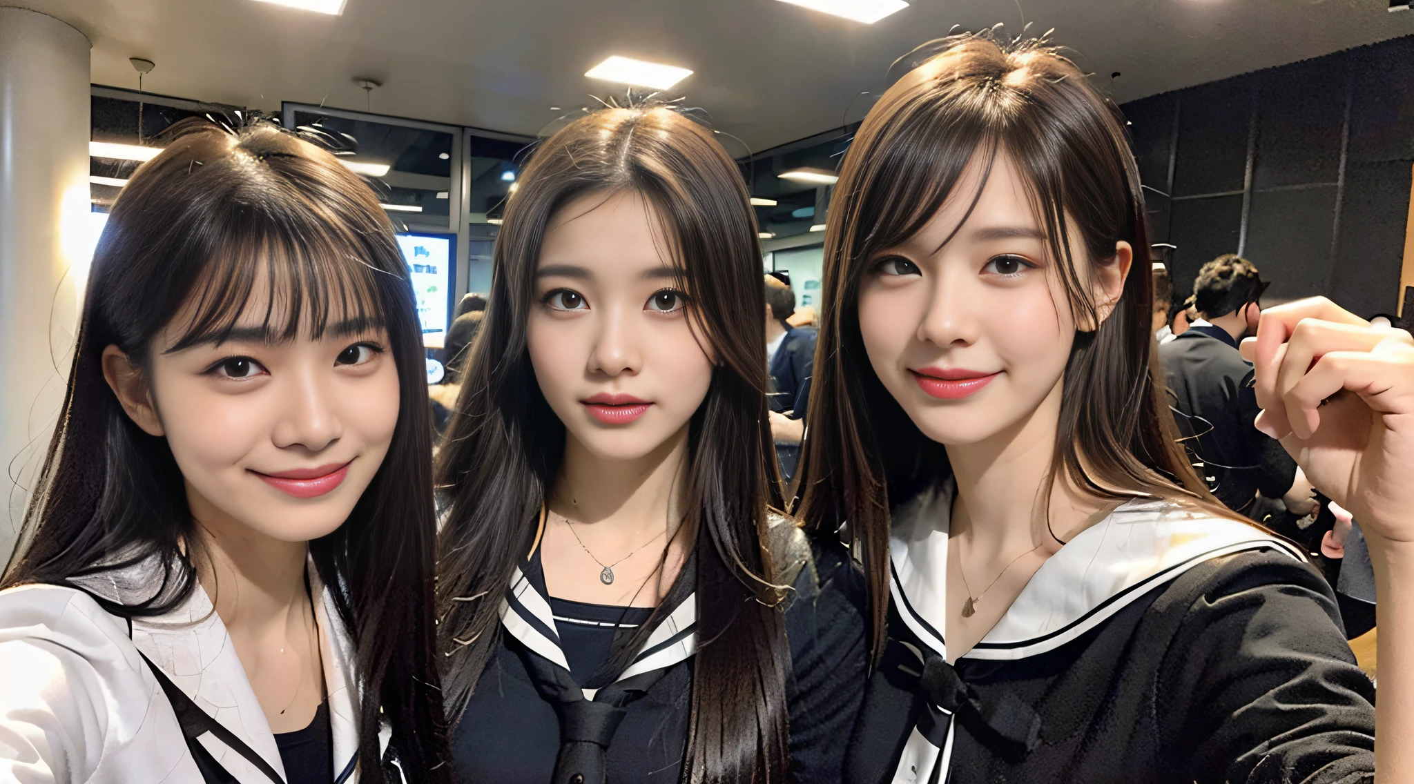 (8K、Raw photography、top-quality、masterpiece:1.2)、ultra-detailliert、ultra res、(realisitic、Real Photographics:1.47)、(High school girl winking at camera)An Internet café full of heart、Wearing branded sunglasses、(Fantastic lighting)Schoolgirl with a book、Holding a book in both hands、winking、head to waist、de pele branca、Fair-skinned female proofreading、An ultra-high picture quality、、Beautiful female proofreading reflecting in light、looking downwards、amazing detailed、Beautiful girls in very detailed、Faces with different patterns、Different face patterns、Each hairstyle has its own characteristics、Farbe々Hairstyle、Farbe々Hair color shining with clean light、Brown hair shining in the light、One has a ponytail、、Modern cute high school girl、very detailed faces very detailed eyes、Very realistic skin、 extremely detailed fingers, highly detailed nose, highly detail mouth, perfect anatomia, Highly detailed sailor suit、、The details of their hair and uniforms shine through、、Realistic body, de pele branca, glistning skin, Slim body, Long straight hair, (Blunt bangs:1.2), , nixeu and sakimichan, TWICE, Seifuku, sakimichan, JK Uniform, wearing japanese school uniform, promo still, Larisa Manobal, Japan school uniform, japanese girl school uniform, alena aenami and lilia alvarado