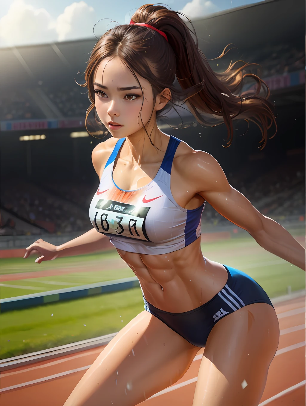 (Digital Painting),(Best Quality), 1girl in,Track and field　uniform,charming face,small head,big beatiful eyes,large breasts,Trained abs,nice legs,wet skins sweat,Track and field,dynamic shot