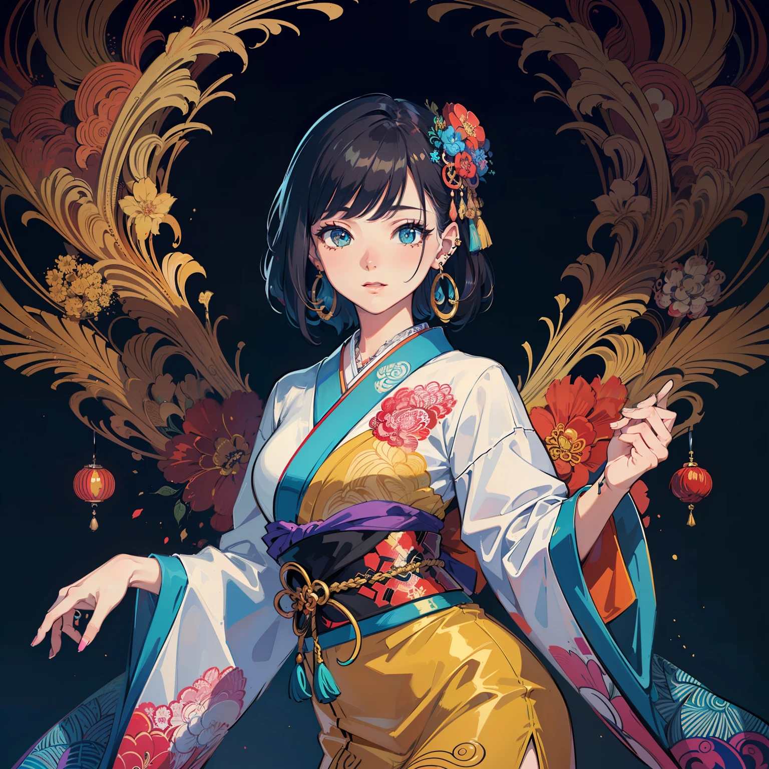 (masterpiece, top quality, best quality, official art, beautiful and aesthetic:1.2), (1girl:1.3), extremely detailed,(fractal art:1.1),(colorful:1.1),highest detailed,(zentangle:1.2), (dynamic pose), (abstract background:1.5), (japanese dress:1.2), (shiny skin), (many colors:1.4), ,(earrings:1.4),Clear facial features,Beautiful eyes