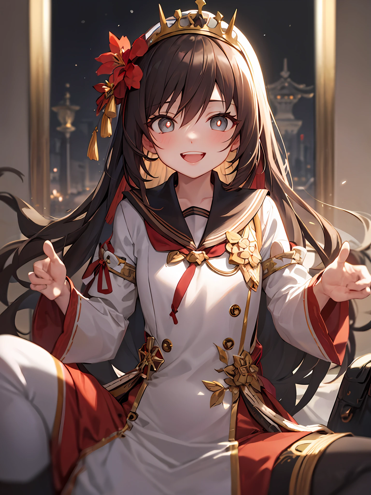 tmasterpiece，best qualityer，walnut，the original god，1girl，By bangs，Black tiara，Blushlush，brown  hair，Chinese outfit，florals，grinning smile，Hair between both eyes，a sailor suit，inner strength，long whitr hair，longer sleeves，looking at viewert,red flower,ssmile,独奏,star-shaped bule pupils,teeth,The upper part of the body