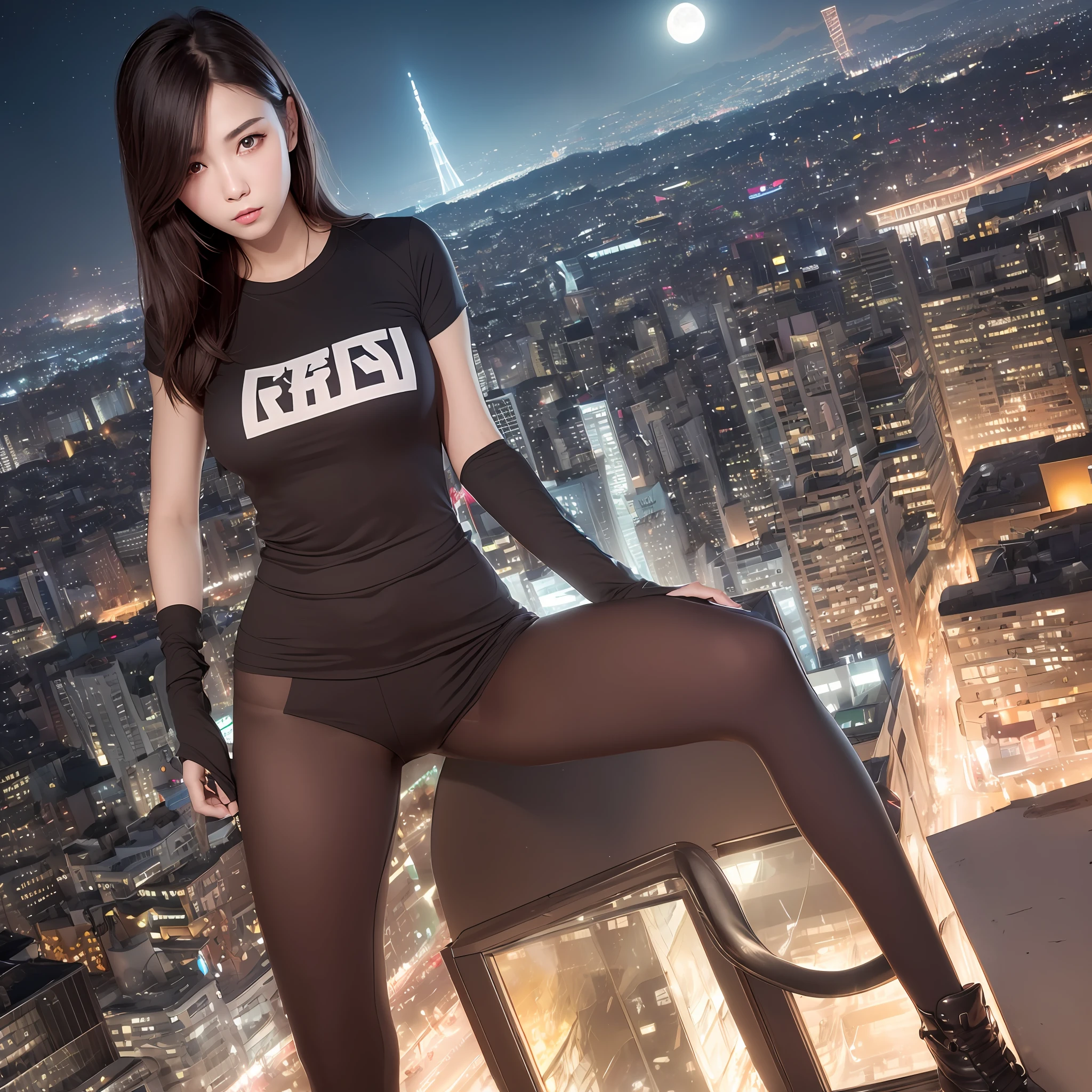 midynight, Need, 8K, tmasterpiece:1.3)), full bodyesbian, Long legs, Focalors:1.2, perfect figure beautiful woman:1.4, Slim abs:1.1, ((Dark brown hair, )), (white tight t-shirt, standing on your feet:1.2), ((city night scene, the roof:1.3)), Highly detailed facial and skin texture, A detailed eye, 二重まぶた,dark,a color,mechs,kosmos,binh --auto