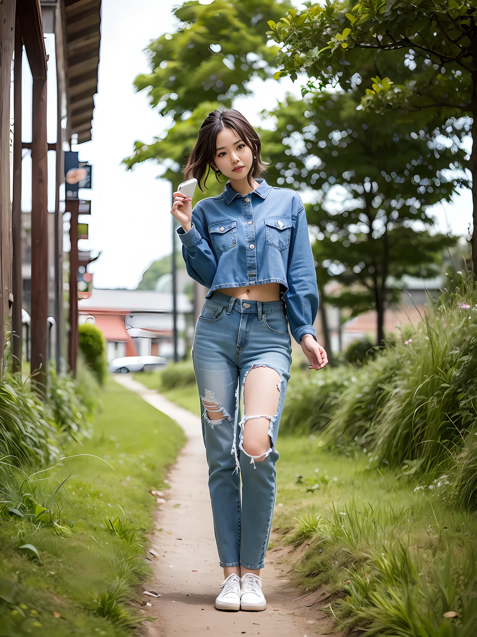 Araki woman in blue shirt and jeans standing in the field, korean women's fashion model, kawaii shirt and jeans, casual clothing style, lee ji eun, Lee Ji-eun, inspirado por Kim Jeong-hui, skinny waist and thick hips, casual modern clothing, full body cute young lady, standing in grassy field, modern casual clothing