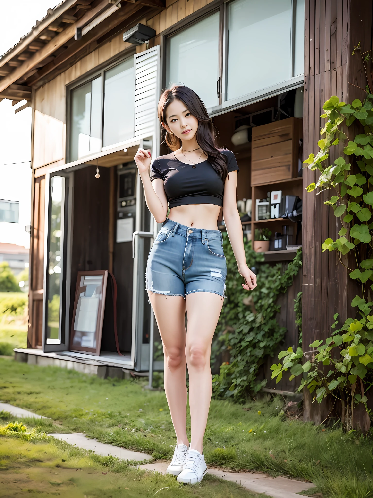 Araki woman in blue shirt and jeans standing in the field, korean women's fashion model, kawaii shirt and jeans, casual clothing style, lee ji eun, Lee Ji-eun, inspirado por Kim Jeong-hui, skinny waist and thick hips, casual modern clothing, full body cute young lady, standing in grassy field, modern casual clothing
