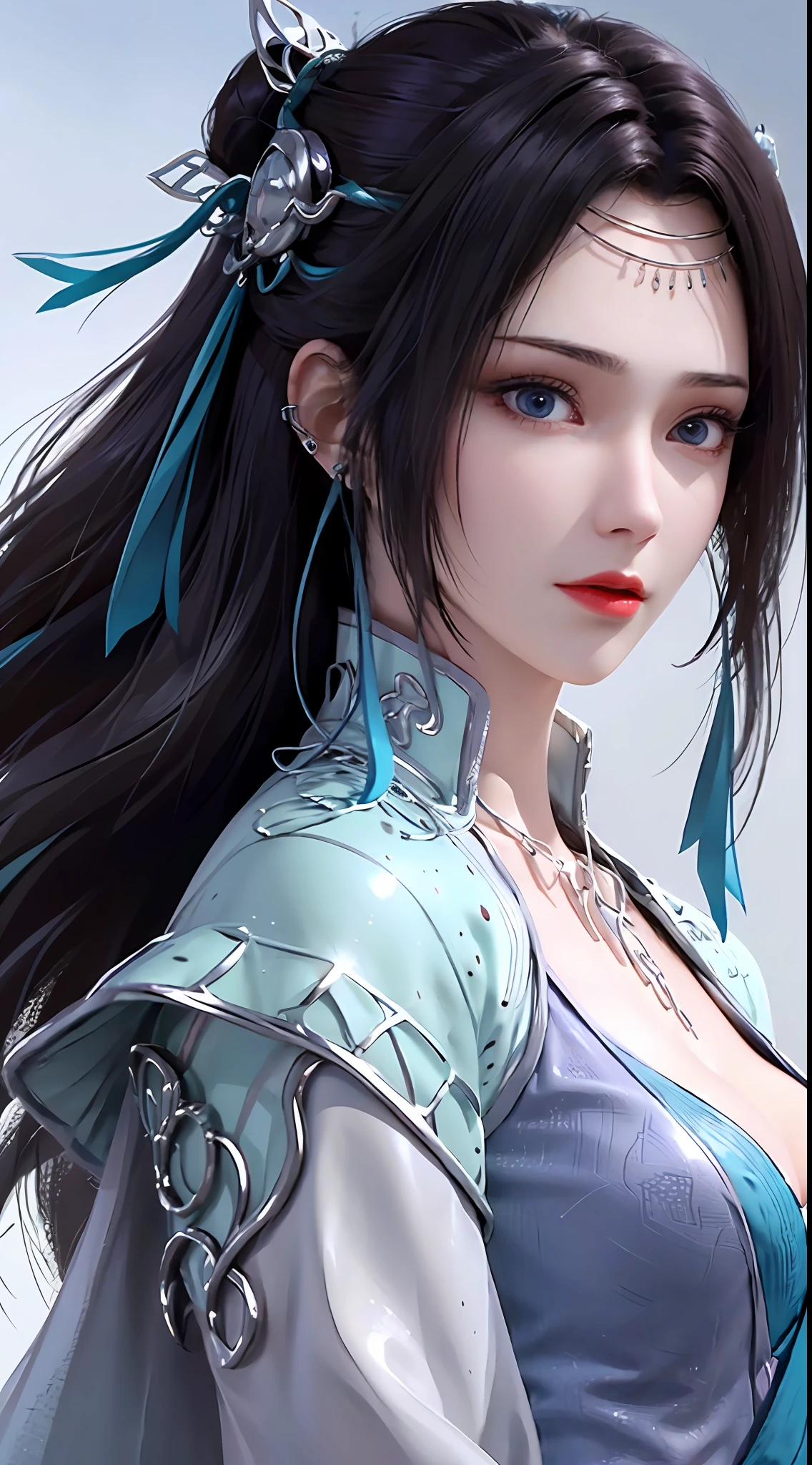 1 attractive beautiful girl in hanfu blue silk blouse, blue silk blouse with white pattern, white lace trim, long purple black ponytail, blue aura on the girl's back , hair jewelry, ear jewelry, necklace and necklace, big blue eyes with meticulous makeup, thin eyebrows, extremely detailed and sharp eye makeup, high nose, pretty red lips, no smile, pursed lips, rosy cheeks, enlarged breasts, huge breasts, well-proportioned breasts, slim waist, blue mesh socks, loose sleeves, chinese hanfu style, fictional art textures, vivid and realistic colors, RAW images, realistic photo, ultra-high quality 8k surreal photo, (amazing light effect) amazing: 1.8), 10x pixels, magic effect (background): 1.8), super detailed eyes, her upper body girl, girl portrait, girl alone, hanfu historical background,