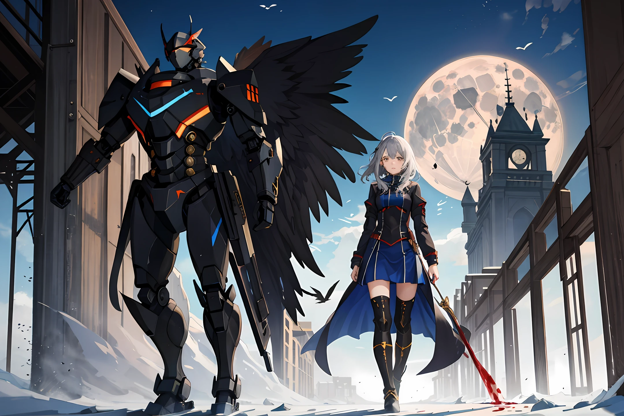mechs，The girl stands under the moon，The girl was covered in blood，wings，heroes，Grey，Overlooking