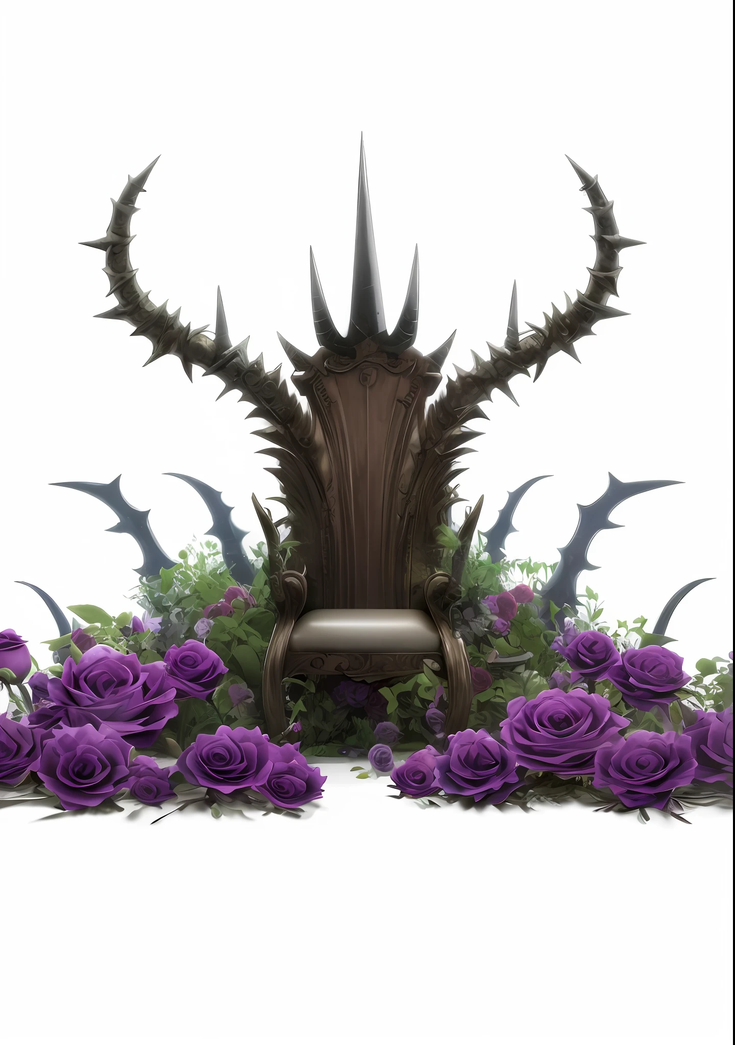 There is a chair with a large horned head on it surrounded by purple roses, deitado um trono em uma terra de fantasia, sentado no intrincado trono, empoleirado no intrincado trono, Trono quebrado, sentado em um trono ornamentado, fundo do espinho. d&d, trono, Sala do trono decadente, Senhor do Inferno no Trono, Sente-se no trono, sentado em um trono dourado