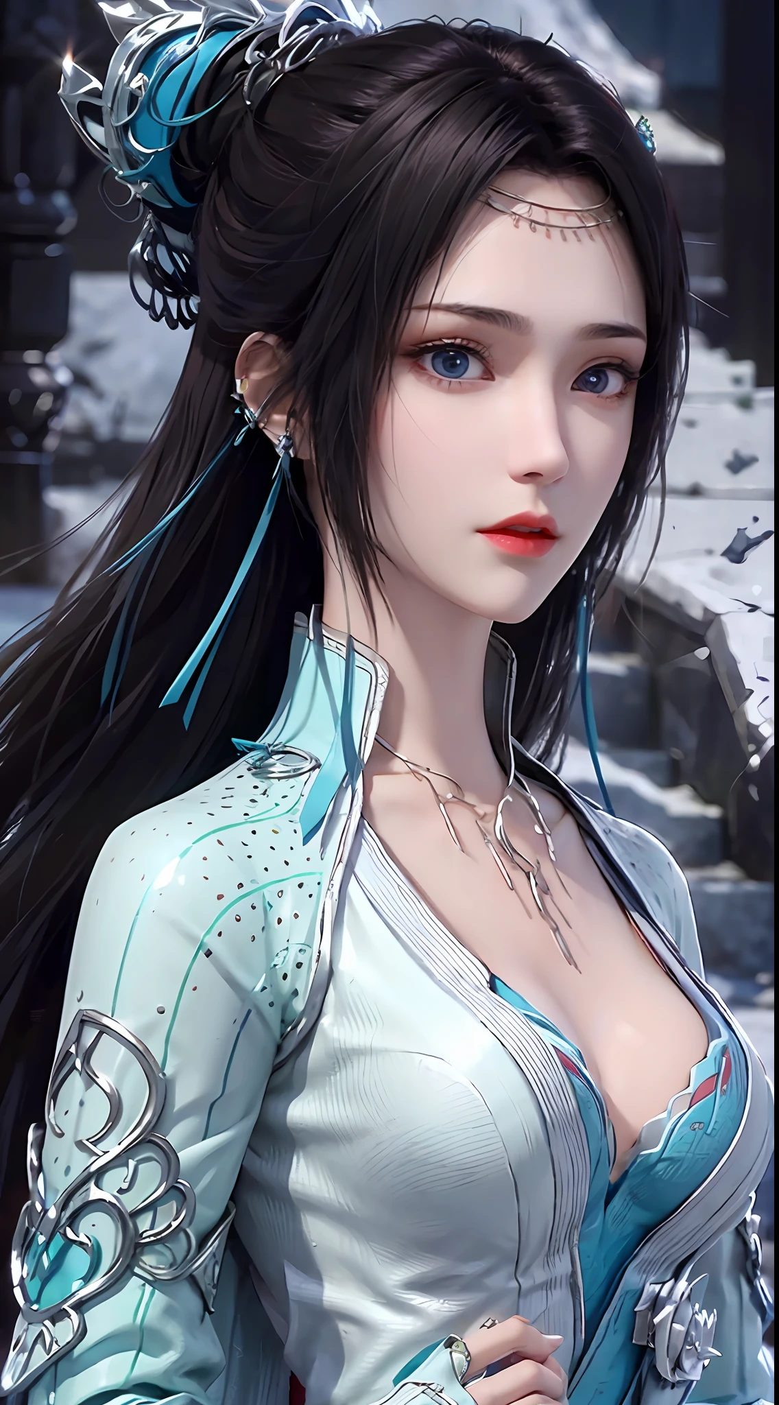 1 attractive beautiful girl in hanfu blue silk blouse, blue silk blouse with white pattern, white lace trim, long purple black ponytail, blue aura on the girl's back , hair jewelry, ear jewelry, necklace and necklace, big blue eyes with meticulous makeup, thin eyebrows, extremely detailed and sharp eye makeup, high nose, pretty red lips, no smile, pursed lips, rosy cheeks, enlarged breasts, huge breasts, well-proportioned breasts, slim waist, blue mesh socks, loose sleeves, chinese hanfu style, fictional art textures, vivid and realistic colors, RAW images, realistic photo, ultra-high quality 8k surreal photo, (amazing light effect) amazing: 1.8), 10x pixels, magic effect (background): 1.8), super detailed eyes, her upper body girl, girl portrait, girl alone, hanfu historical background,