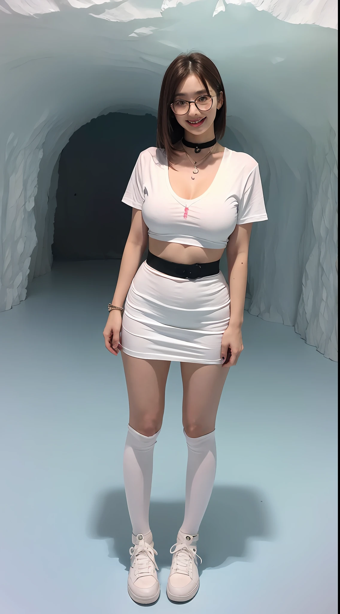 ((midnight, Need, 8K, tmasterpiece:1.3)), Beautuful Women，full bodyesbian,Full body like，Full body portrait， long leges，beautifullegs，standing on your feet，Attention，Girls all over, thin very long legs, Focalors:1.2, Plump body，perfect figure beautiful woman:1.4,((Dark brown hair, huge tit:1.2 )), (Low-cut white T-shirt，DEEP-V COLLAR,Skinny white T-shirt， blackstockings，short  skirt，White sneakers), ((ice cave, Ice World，Oyuki)),，Highly detailed facial and skin texture, A detailed eye, 二重まぶた，wears glasses，crisp breasts，Smile with，Bigger breasts, bob hair，crisp breasts，Noble beauty，Get wet，Sweat profusely，Red lips，Charming，huge tit，having fun，Rejoice，waiter，Perfect chest shape，wearing a choker，Wear earrings，Wear a bracelet，crisp breasts，It was cold，algidity