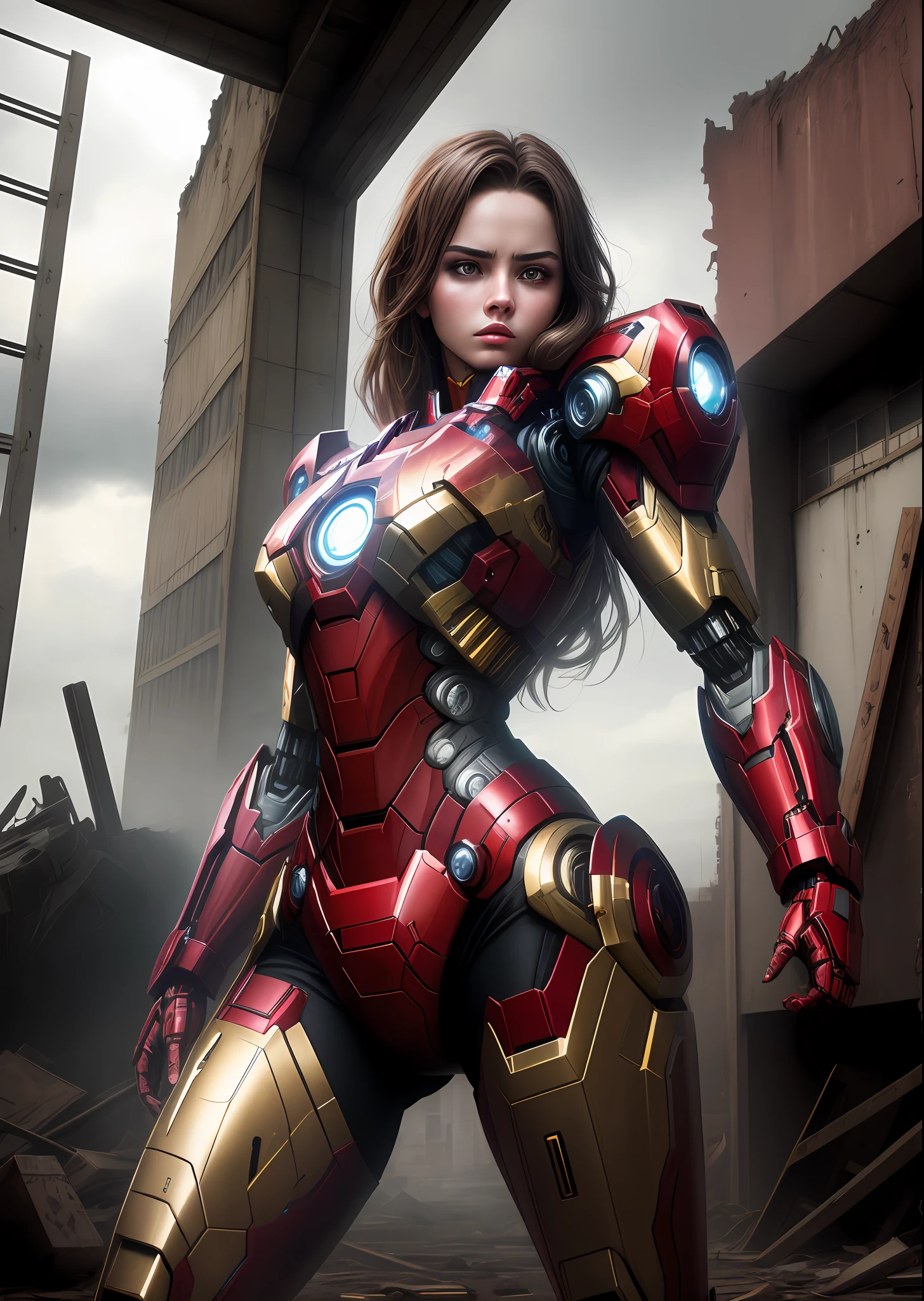 8k, realistic, attractive, highly detailed, a 20 year old girl a sexy and attractive woman inspired by Iron Man wearing a shiny Iron Man mech. She dresses with sexiness and confidence, perfectly interpreting Iron Man&#39;s strength and charisma. The abandoned warehouse serves as a backdrop, creating a unique atmosphere that highlights her bravery and perseverance. The cloudy sky adds a sense of tension and mystery to the whole scene. This high-definition, high-quality picture will bring you a shocking visual experience. The detailed abandoned warehouse and shiny mechs will keep your eyes on you. oc rendering, dramatic lighting, award winning quality