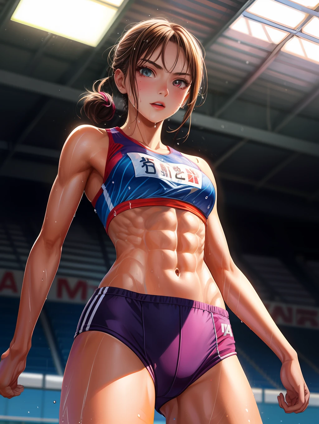 (Digital Painting),(Best Quality),super detailed illustration, 1girl ,track and field　uniform,Charming face,small head,big beatiful eyes,Large breasts,Trained abs,nice legs,wet skins sweat,track and field,from below