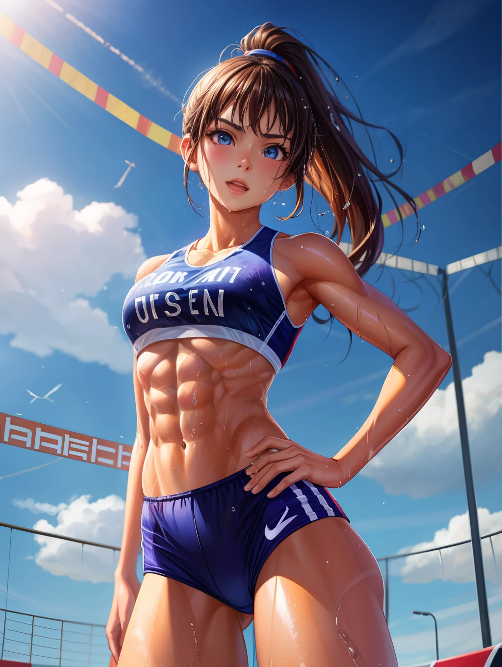 (Digital Painting),(Best Quality),super detailed illustration, 1girl ,track and field　uniform,Charming face,small head,big beatiful eyes,Large breasts,Trained abs,nice legs,wet skins sweat,track and field,from below