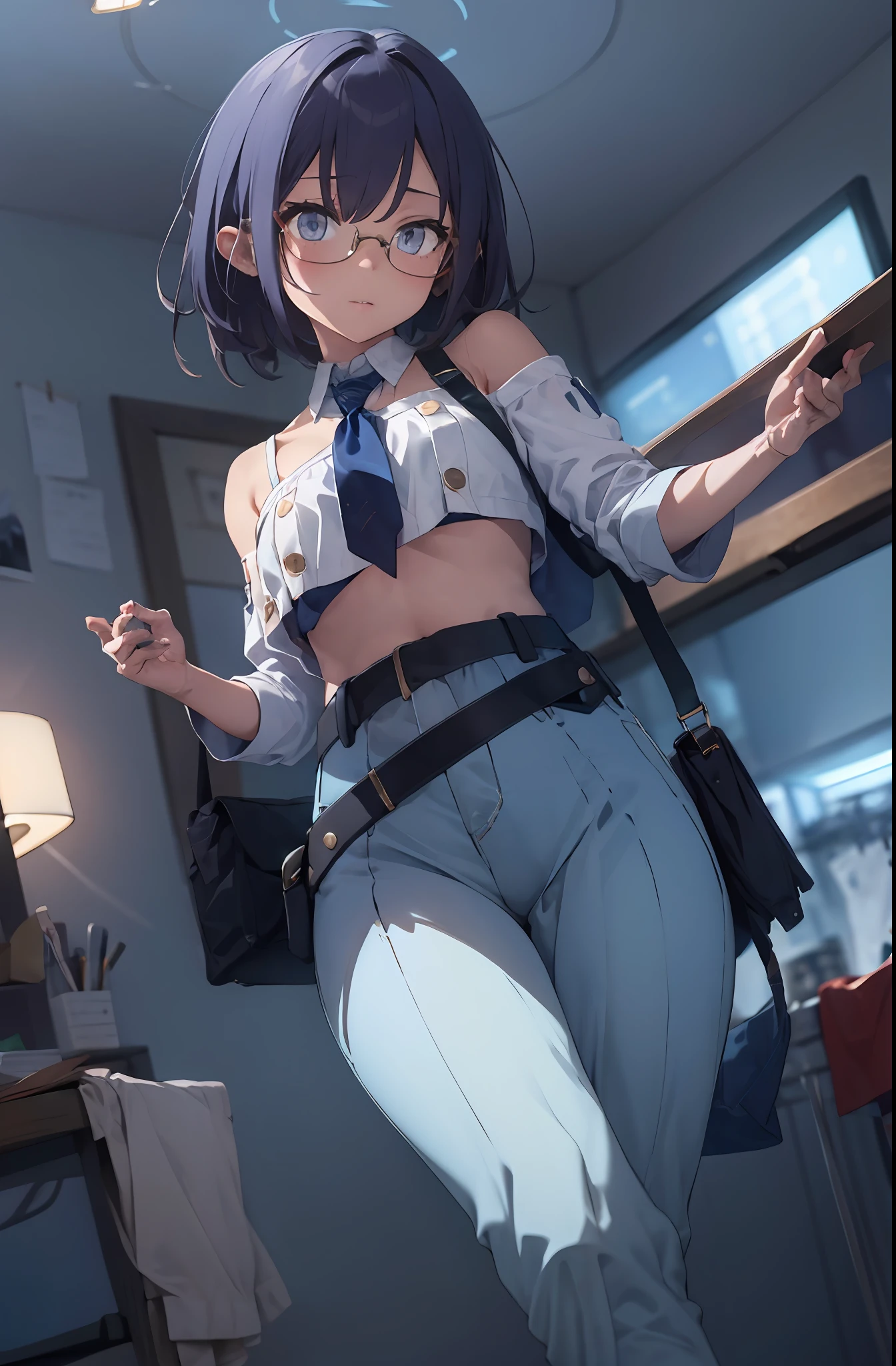 masterpiece, best quality, high resolution,
solo, 1girl, casual cloth, midriff, jean, belt, pouch, glasses, bare shoulders,