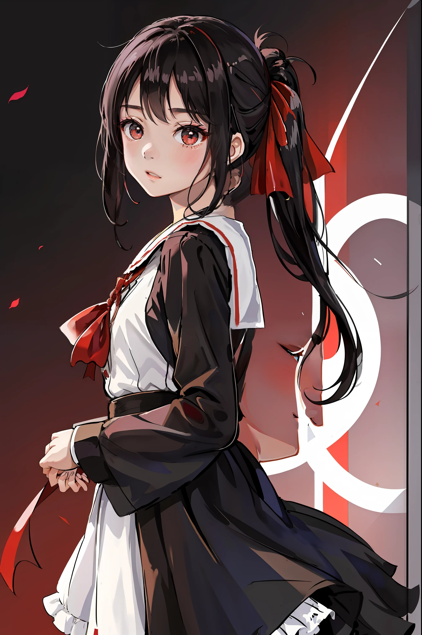 top-quality、high-level image quality、​masterpiece、ultra-detailliert、独奏、girl with、White background、Delicate Eyes、shuuchiin_academy_uniform、Shinomiya_Kaguya、reddish_bow ribbon、A black_The hair、Break_poneyTail、hair_bow ribbon、deep red eyes、bangss、A black_doress、Eyebrows transparent、side locks、Prime amount