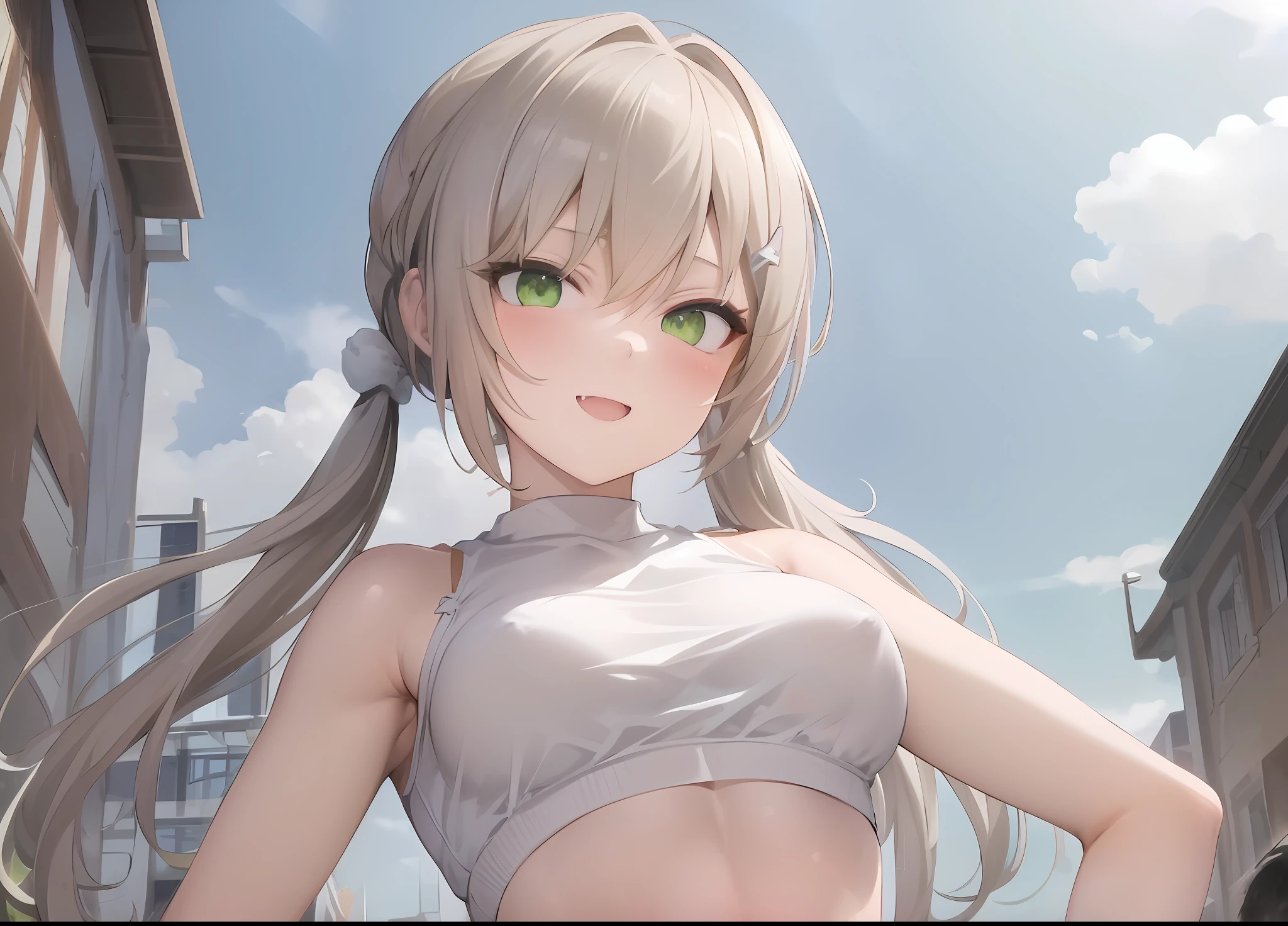 Anime girl with long hair and green eyes standing in front of the building, Smooth anime CG art, from girls frontline, Fine details. Girl Front, anime visual of a cute girl, Guviz, Girls Frontline CG, Kantai collection style, Guviz-style artwork, photorealistic anime girl rendering, seductive anime girls, girls frontline style