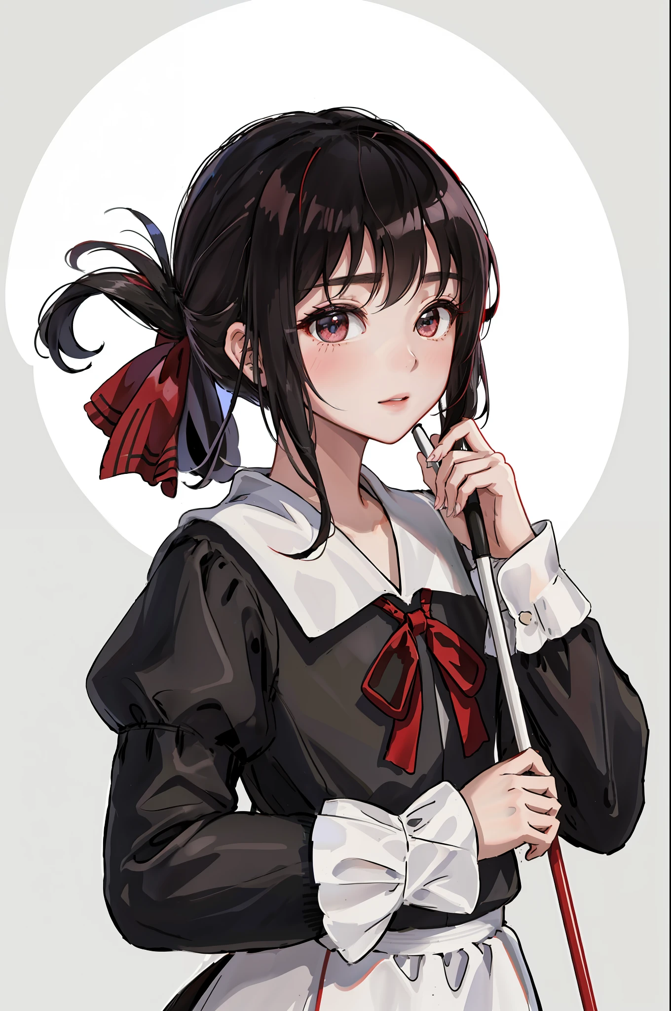 top-quality、high-level image quality、​masterpiece、ultra-detailliert、独奏、girl with、White background、Delicate Eyes、shuuchiin_academy_uniform、Shinomiya_Kaguya、reddish_bow ribbon、A black_The hair、Break_poneyTail、hair_bow ribbon、deep red eyes、bangss、A black_doress、Eyebrows transparent、side locks、Prime amount