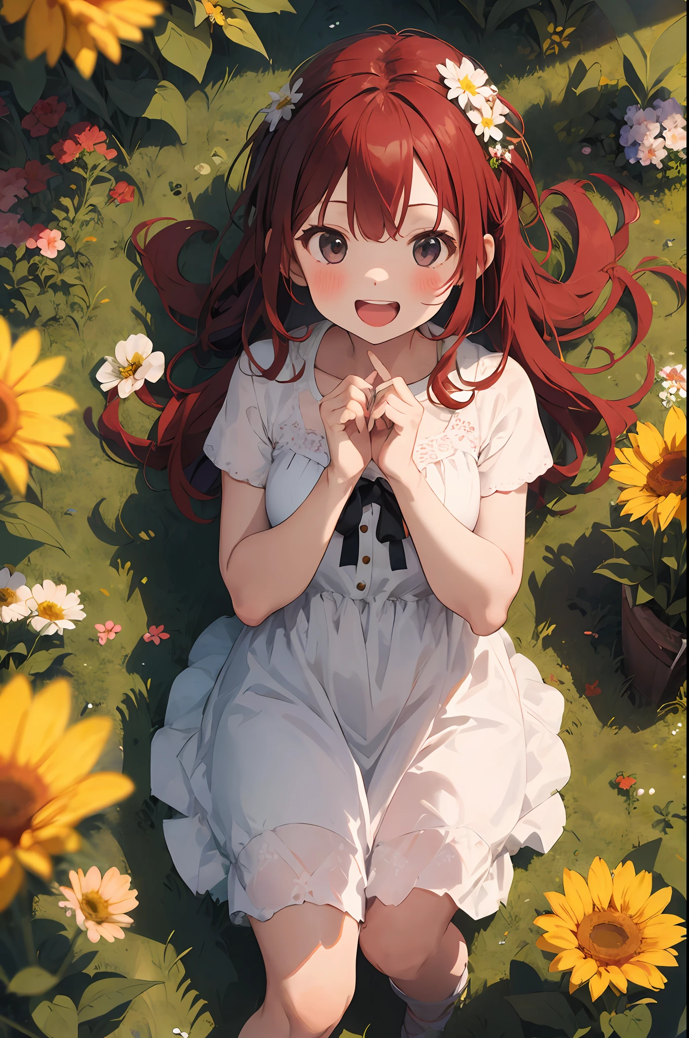 (from_above), 1girl, lying, full_body, golden_hair, hair_ornament, solo, black eyes, red hair, long_hair, bare_legs, girl_in_flowers, white dress, many flowers,masterpiece, highres, blush, hidden_hands, flowers_on_body, fruit, flowers, candy, open mouth, smile