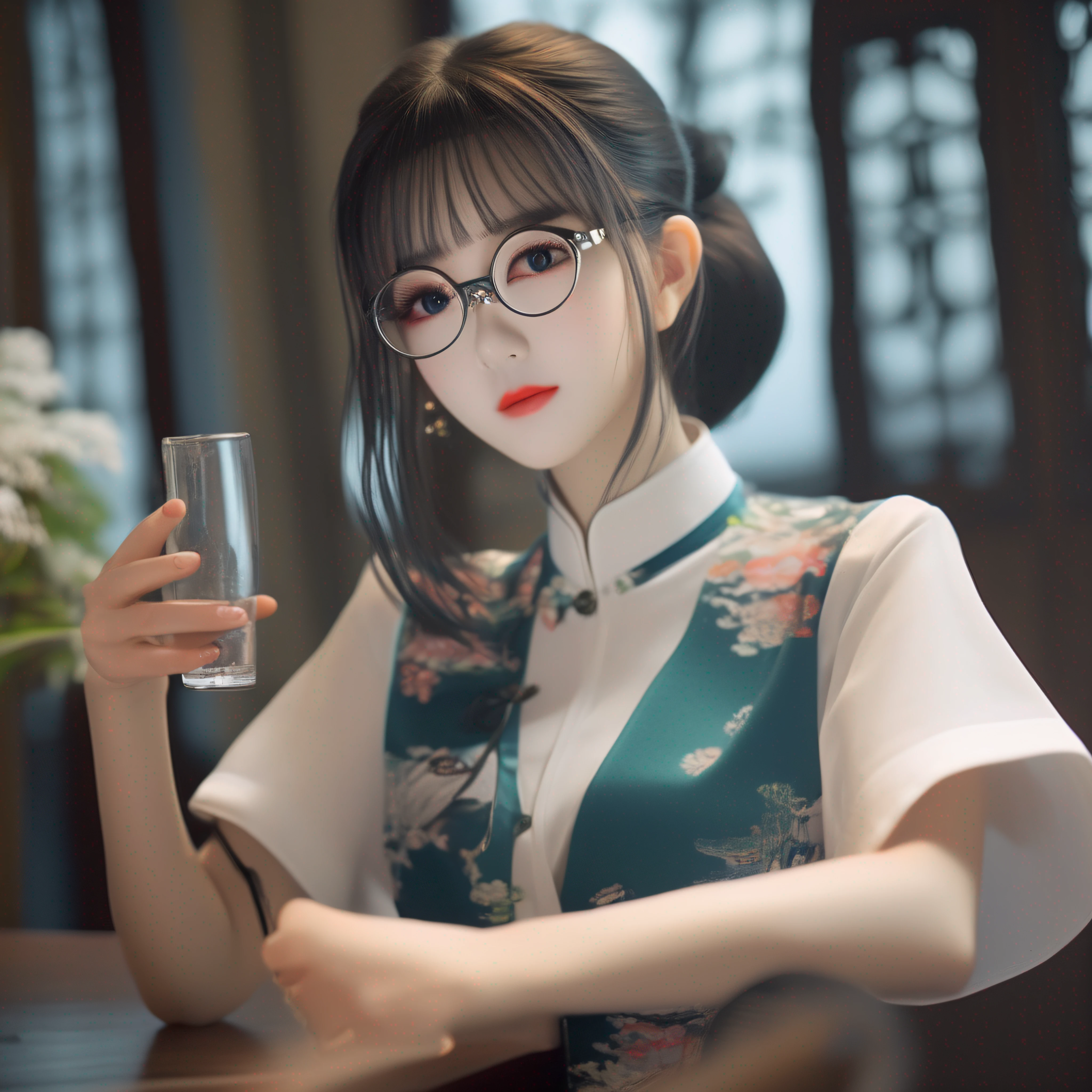 Kizi,round frame glasses,on cheongsam,